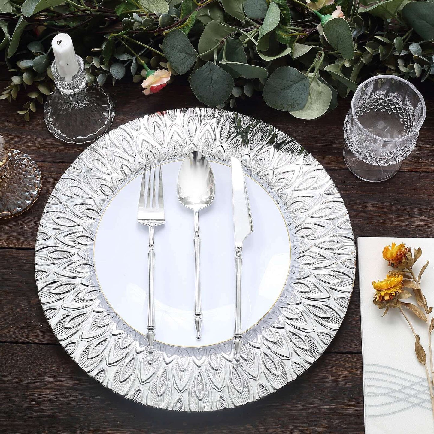 6-Pack Plastic Round Charger Plates 13" in Silver with Embossed Peacock Pattern, Stylish Disposable Charger Tableware