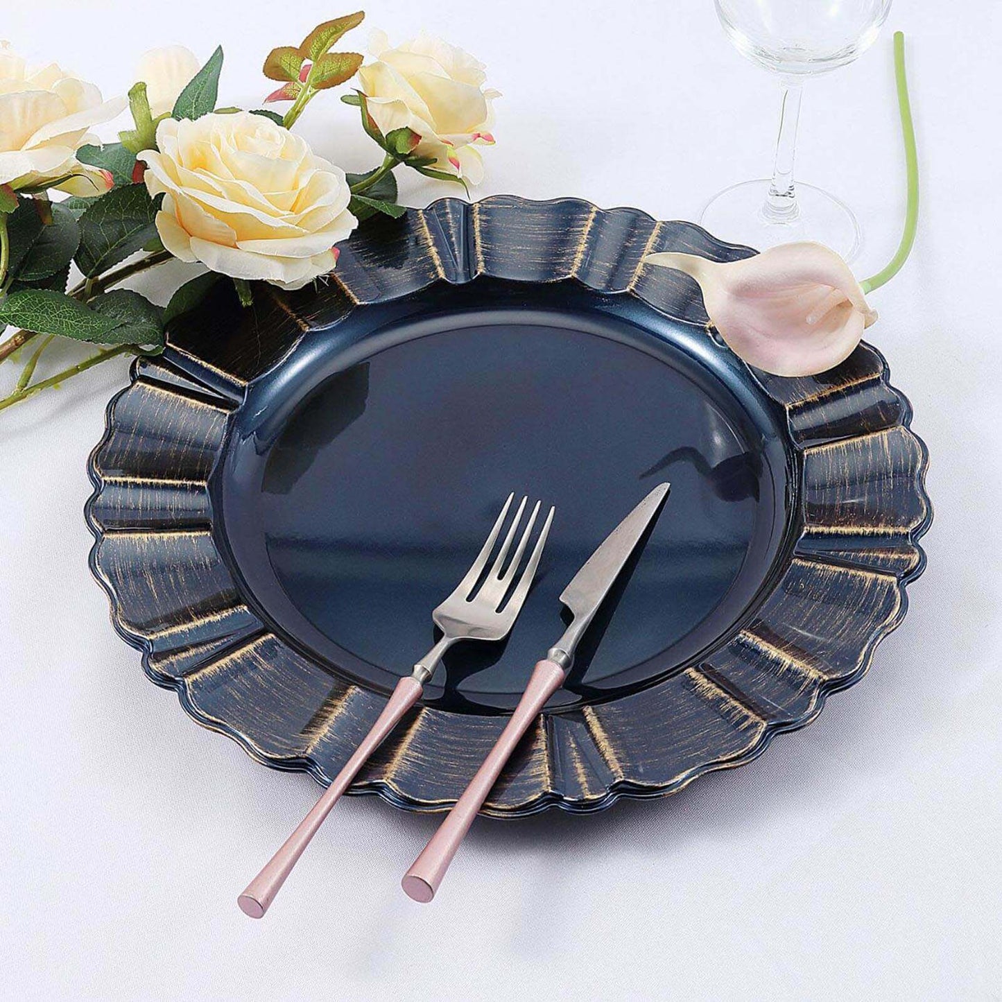 6-Pack Acrylic Plastic Round Charger Plates 13" in Navy Blue with Gold Brushed Wavy Scalloped Rim, Decorative Dinner Party Charger Tableware
