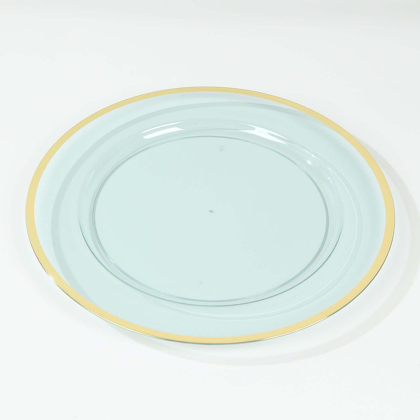 10-Pack Economy Plastic Round Charger Plates 12" in Transparent Blue with Wide Gold Rim, Decorative Dinner Party Serving Plates