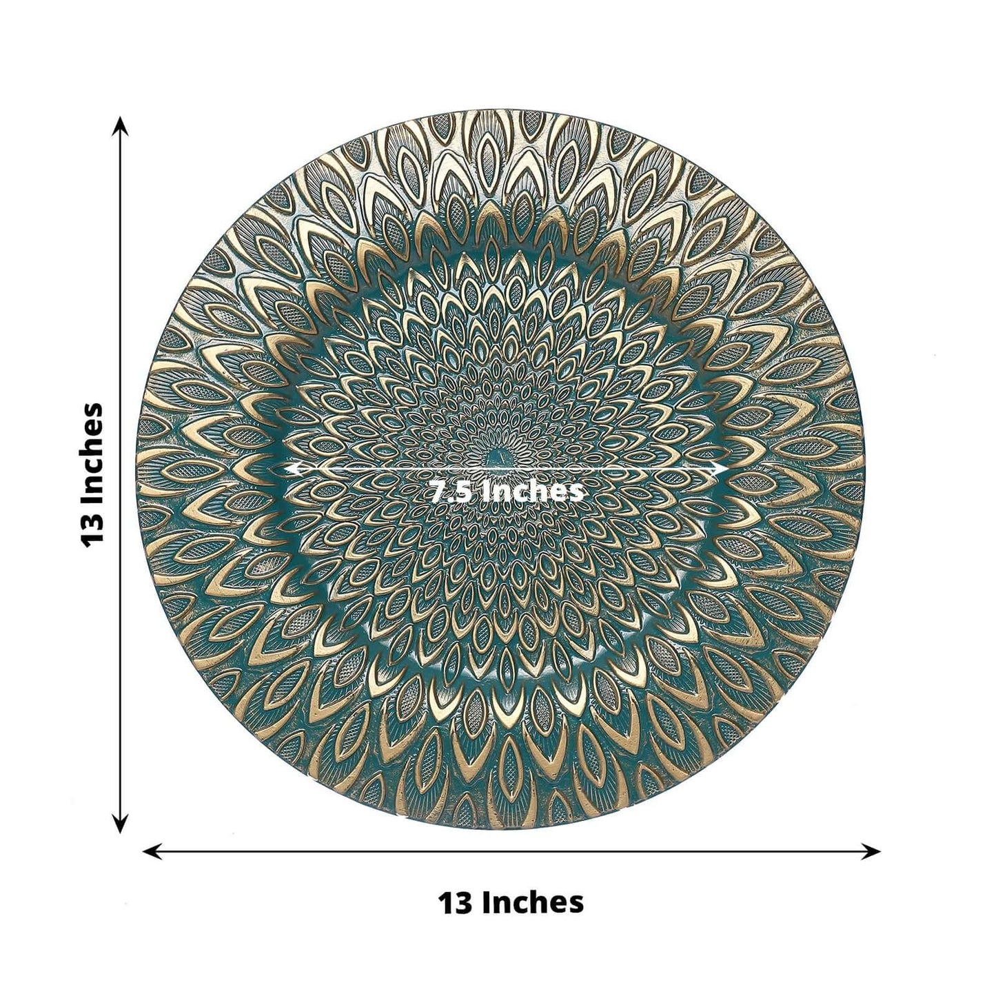 6-Pack Plastic Round Charger Plates 13" in Teal with Gold Embossed Peacock Pattern, Stylish Disposable Charger Tableware