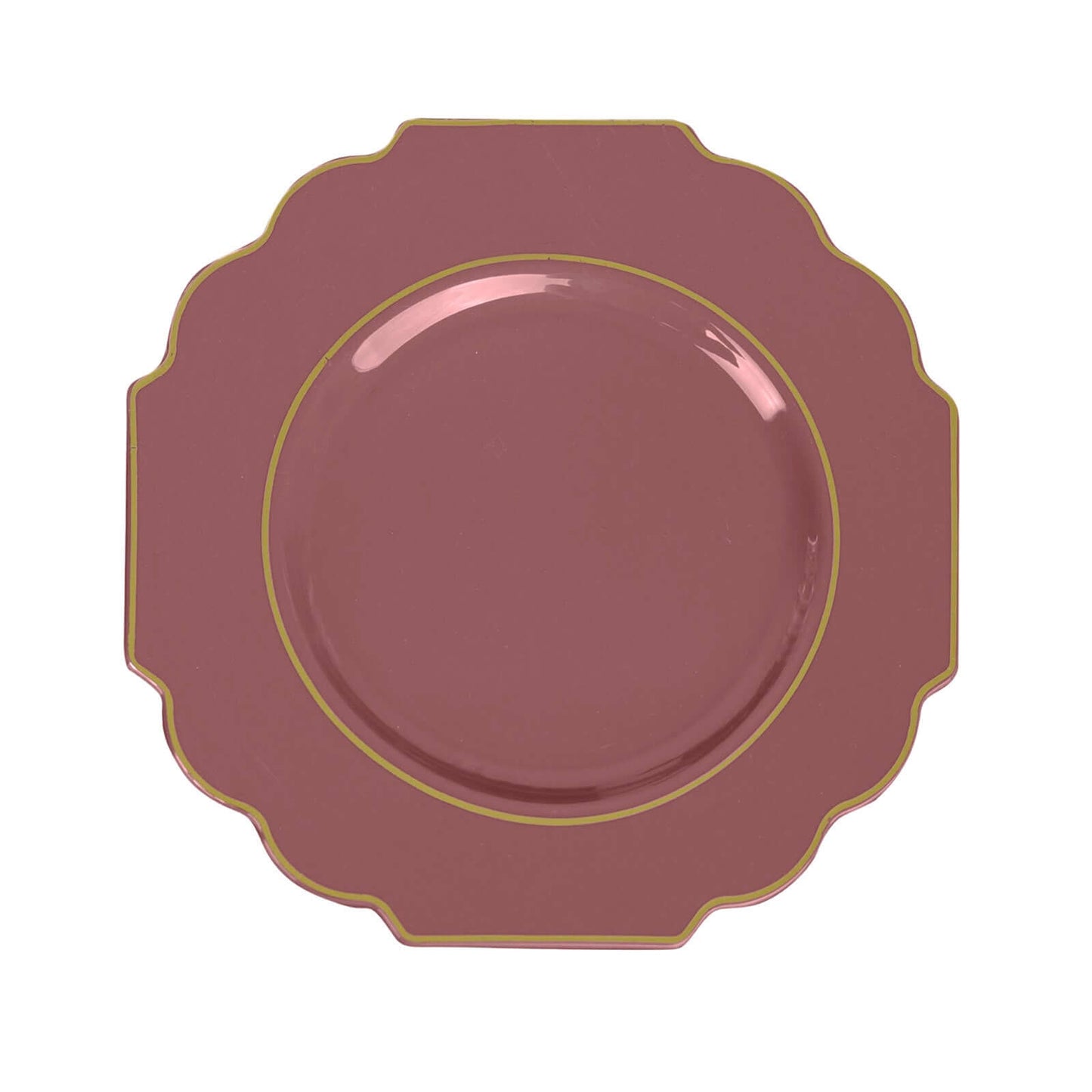 10-Pack Plastic Dessert Appetizer Plates in Cinnamon Rose Baroque Design with Scalloped Gold Rim - Heavy Duty Disposable Salad Plates 8"