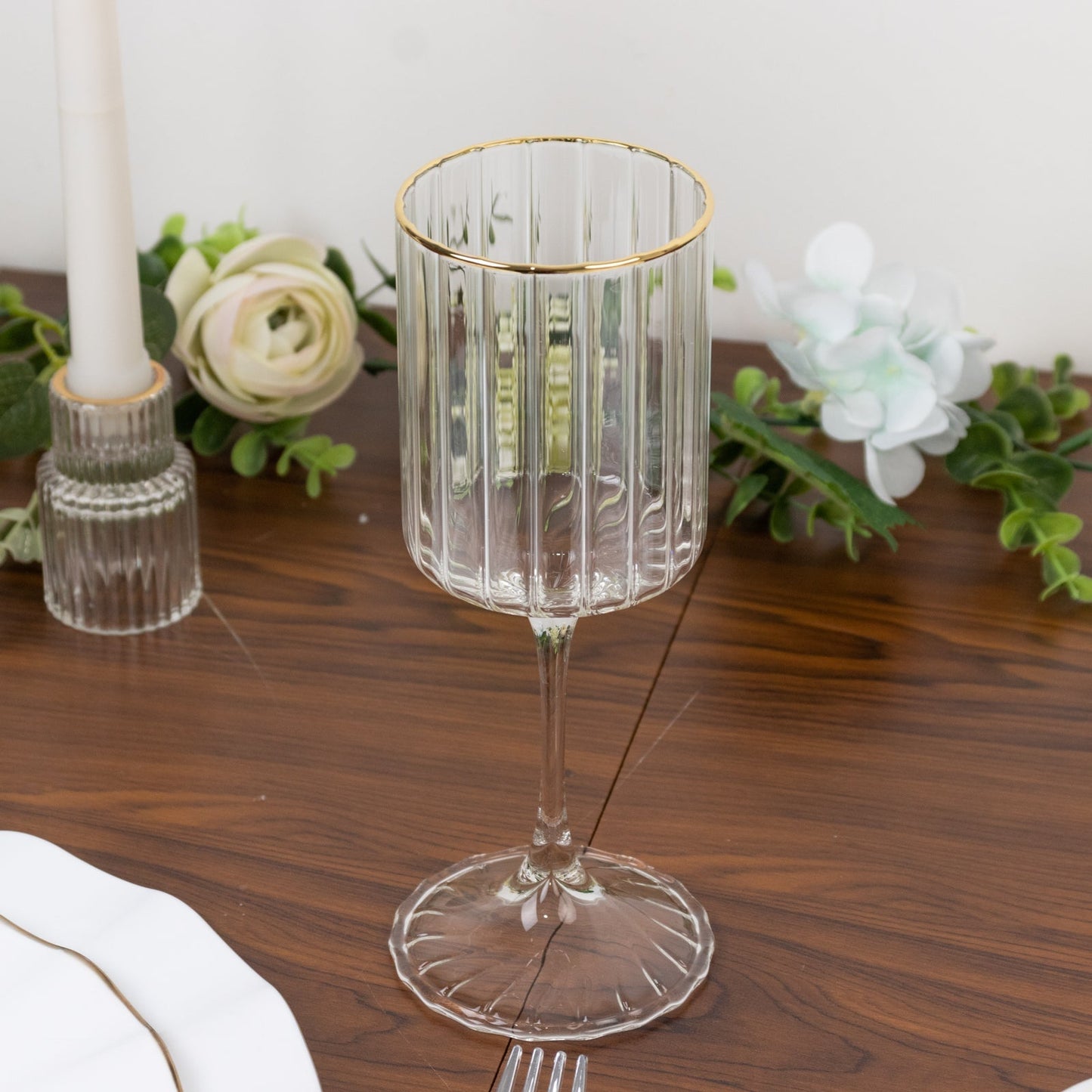 6-Pack Vintage Wine Goblet Glasses â€“ 10oz Ribbed Clear Glass with Gold Rim, Classic Table Drinkware for Cocktails or Beverages â€“ 8" Tall