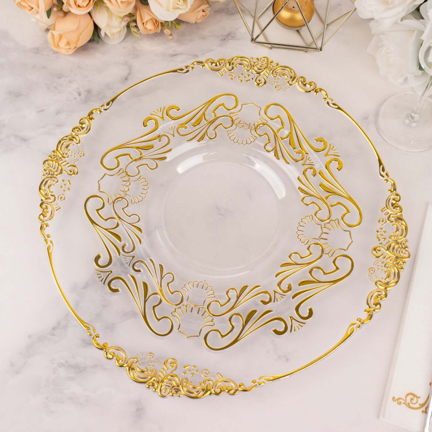 10-Pack Plastic 8" Round Dessert Plates in Clear with Gold Vintage Baroque Scalloped Rim - European Style Disposable Salad Appetizer Plates