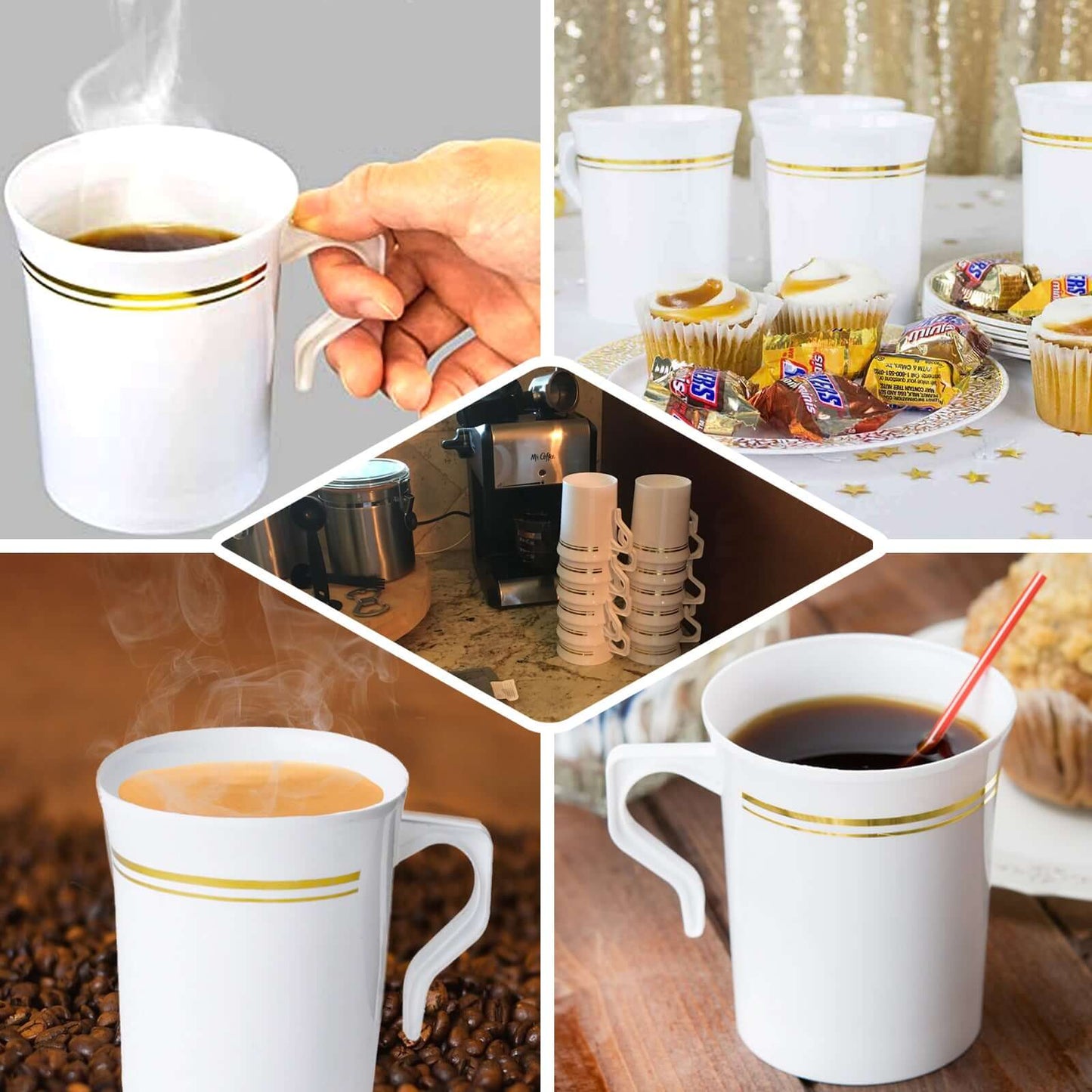 8-Pack Plastic Coffee Mugs Clear with Gold Stripes - Sturdy Disposable Cups for Coffee and Tea 8oz 3.5"