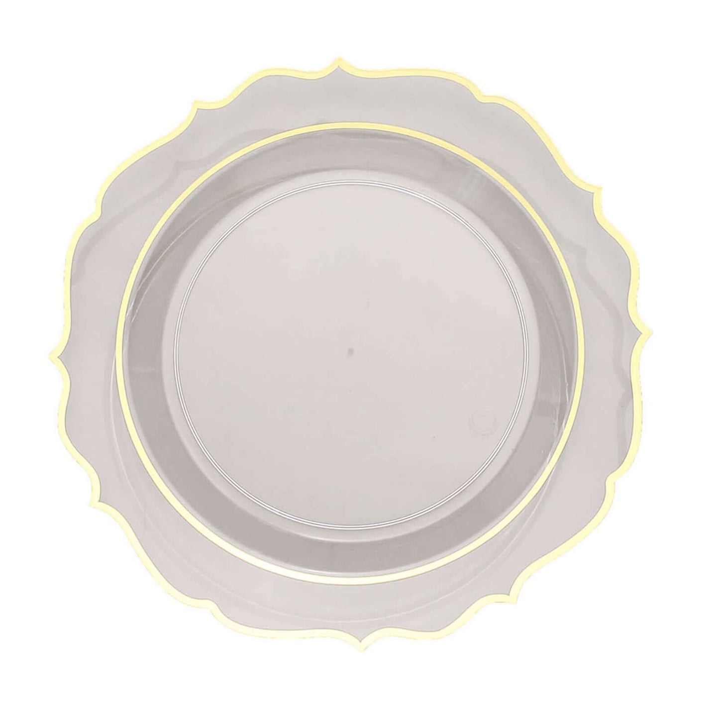 10-Pack Plastic 10" Round Dinner Plates in Clear with Gold Scalloped Rim - Disposable Party Plates