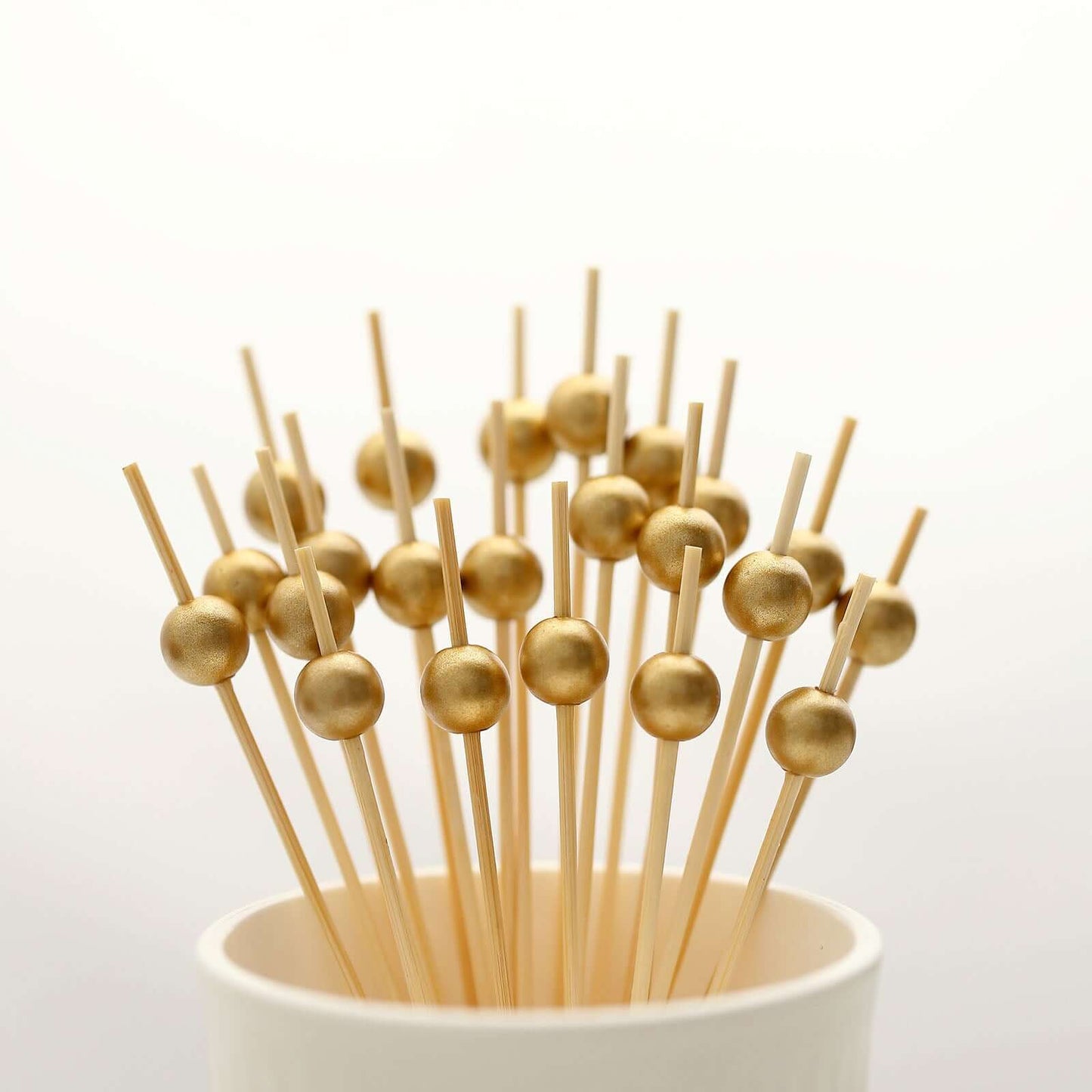 100-Pack Bamboo Cocktail Picks Gold Pearl Decorative Top Design - Eco Friendly Stir Sticks 4.5"