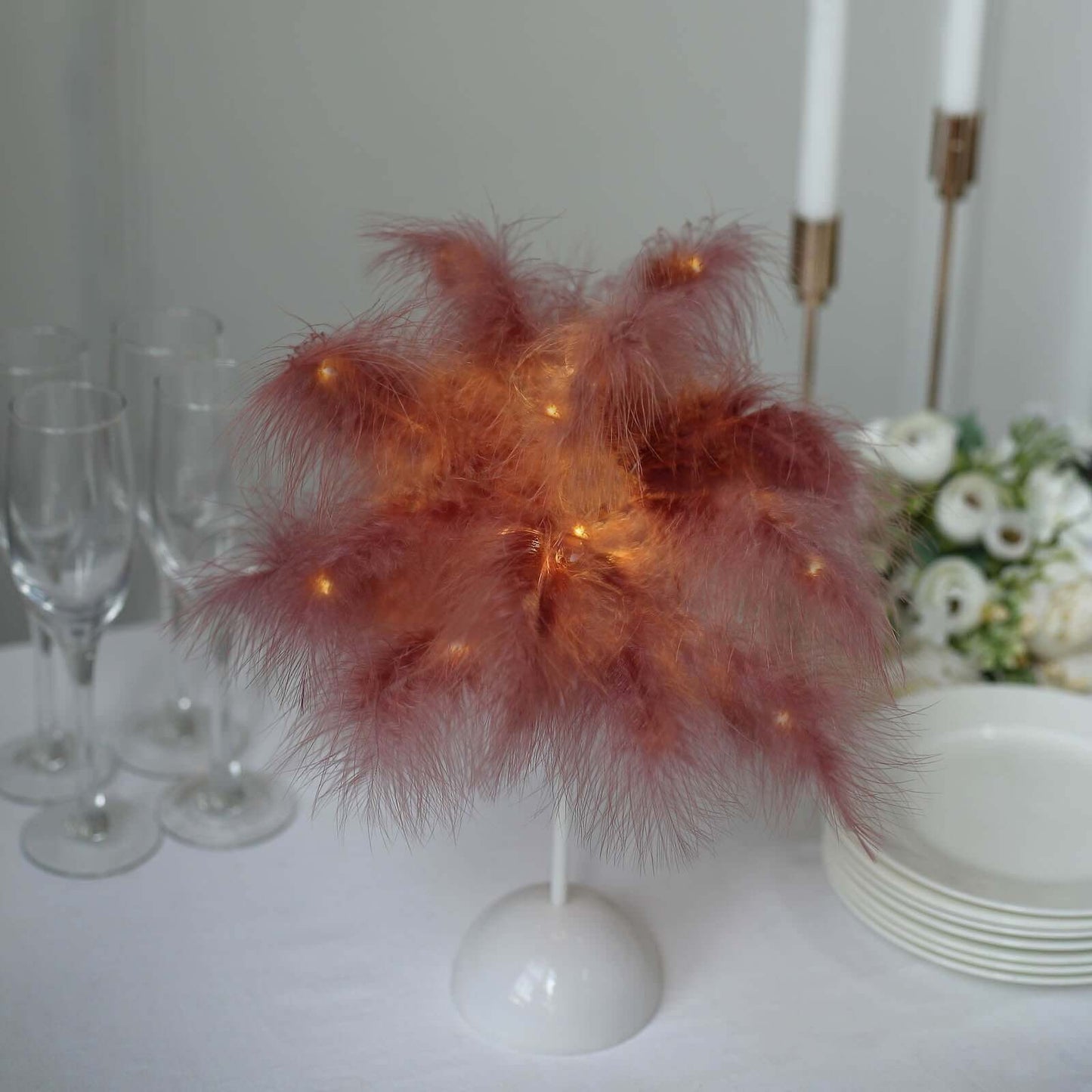 Table Lamp Feather Design Cinnamon Rose LED Battery Operated - Cordless Wedding Centerpiece 15"
