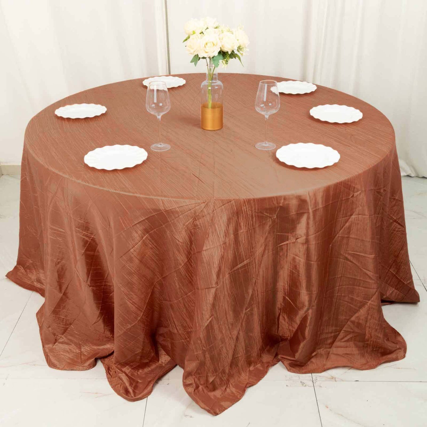 Taffeta 132" Round Tablecloth Terracotta (Rust) - Seamless Accordion Crinkle Table Cover