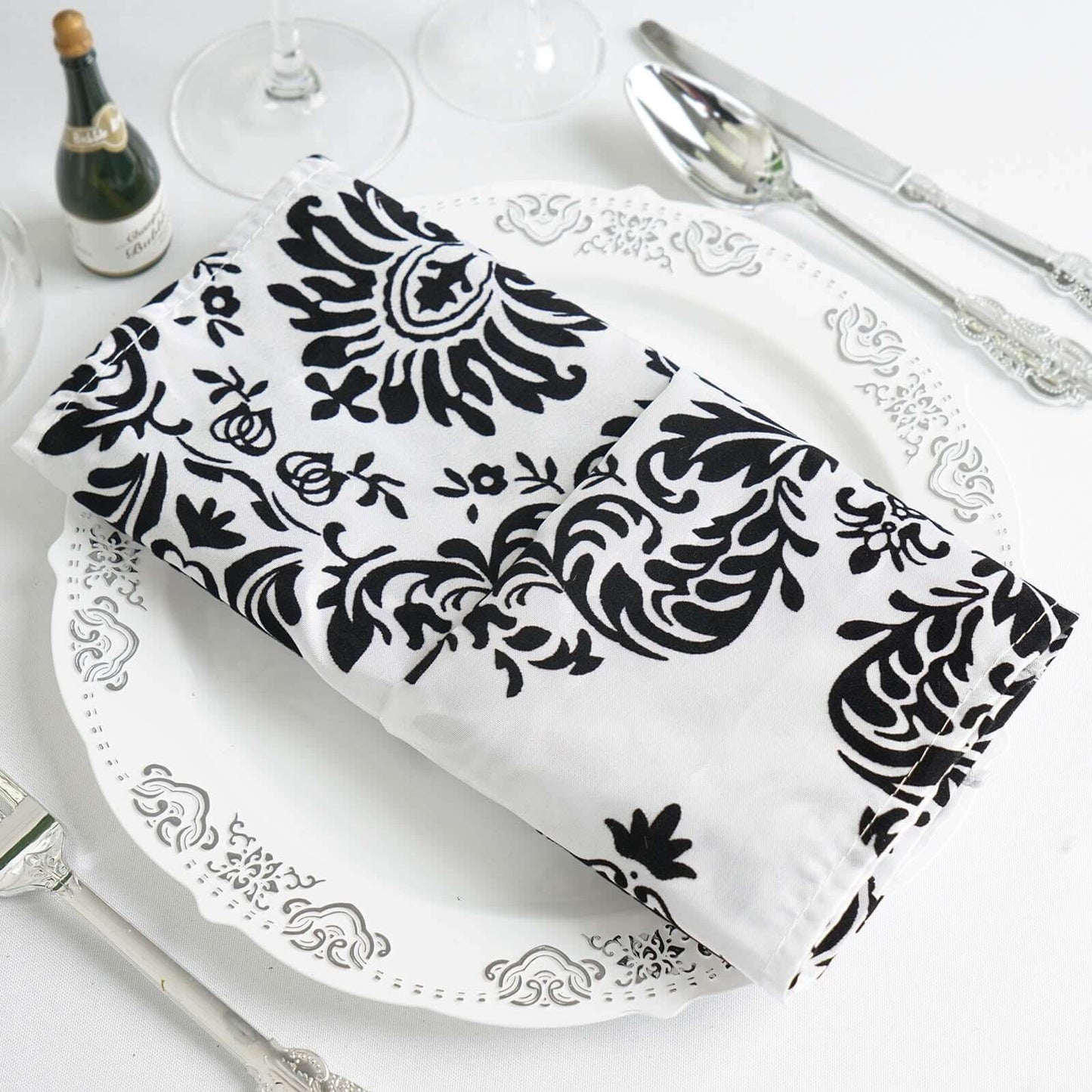 5 Pack Taffeta 20"x20" Napkins Black/White Damask Flocking Design - Decorative Dinner Napkins with a Luxurious Touch