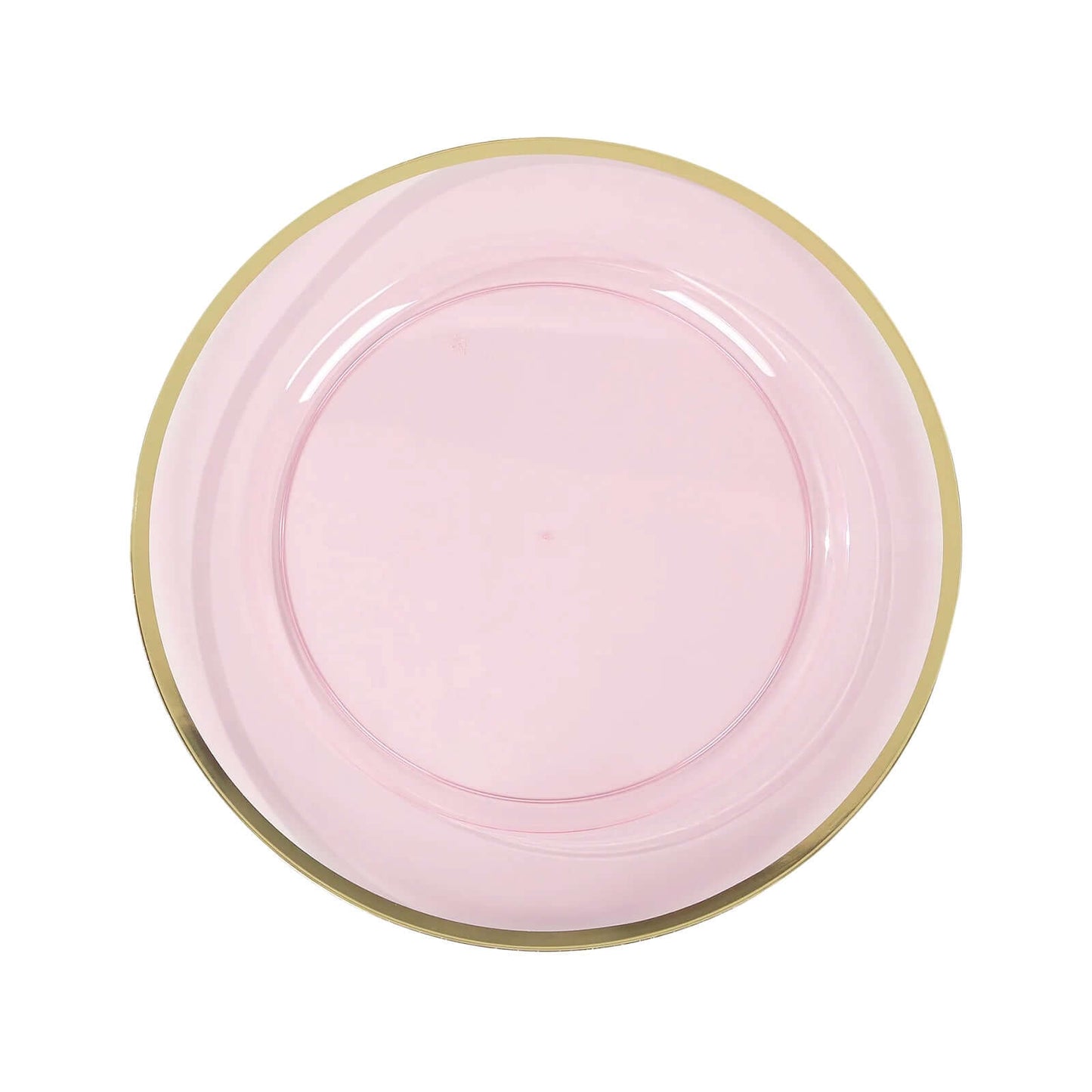 10-Pack Economy Plastic Round Charger Plates 12" in Transparent Blush with Wide Gold Rim, Decorative Dinner Party Serving Plates