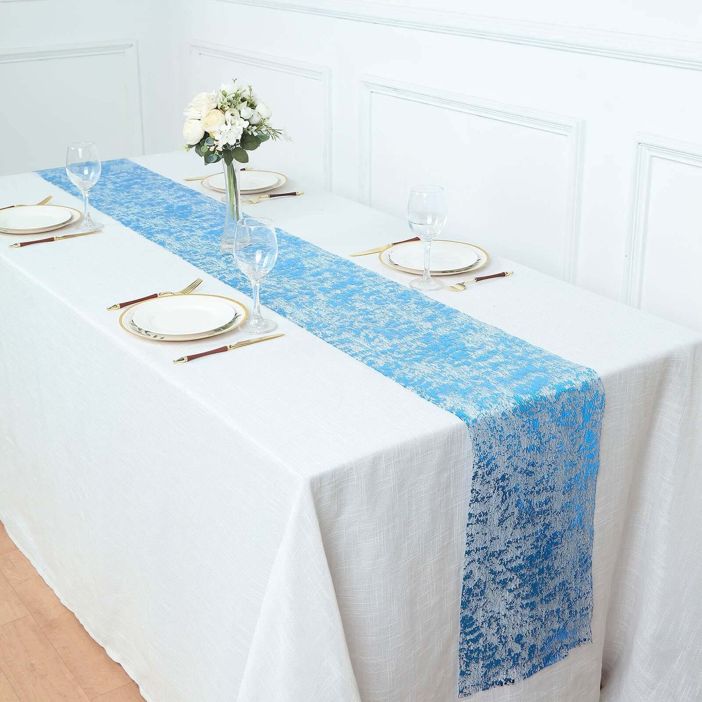 Mesh Polyester 108" Table Runner Roll Metallic Royal Blue - Distressed Foil Look Disposable Table Decor