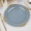 10-Pack Plastic 10" Round Dinner Plates in Dusty Blue with Gold Leaf Embossed Rim - Disposable Vintage Baroque Style Plates