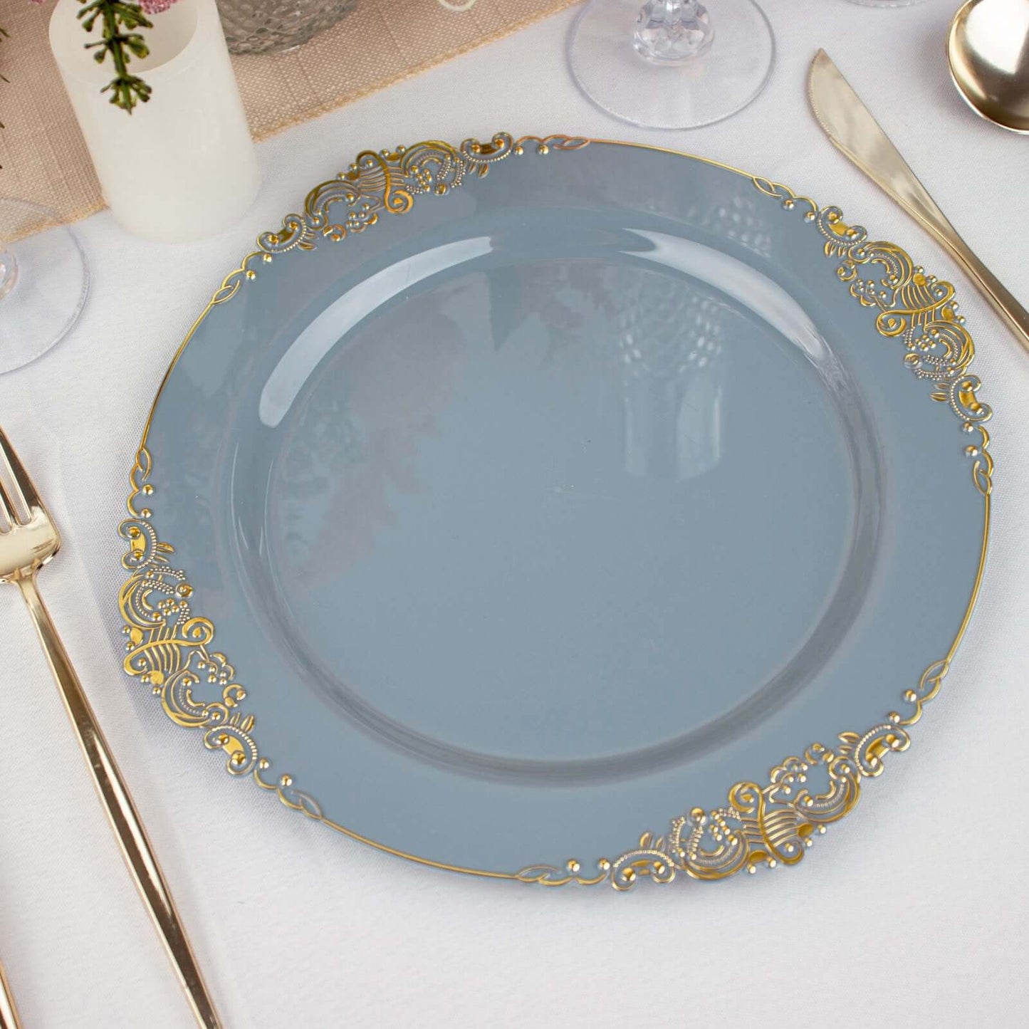 10-Pack Plastic 10" Round Dinner Plates in Dusty Blue with Gold Leaf Embossed Rim - Disposable Vintage Baroque Style Plates