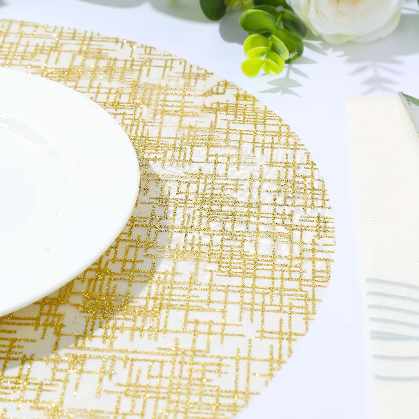 10-Pack Table Placemats Glitter Design Metallic Gold Round - Mesh Polyester Disposable Mats 13"