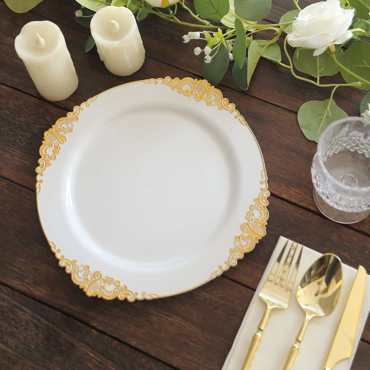 10-Pack Plastic 10" Round Dinner Plates in White with Gold Leaf Embossed Rim - Disposable Vintage Baroque Style Plates for Luxurious Gatherings & Events