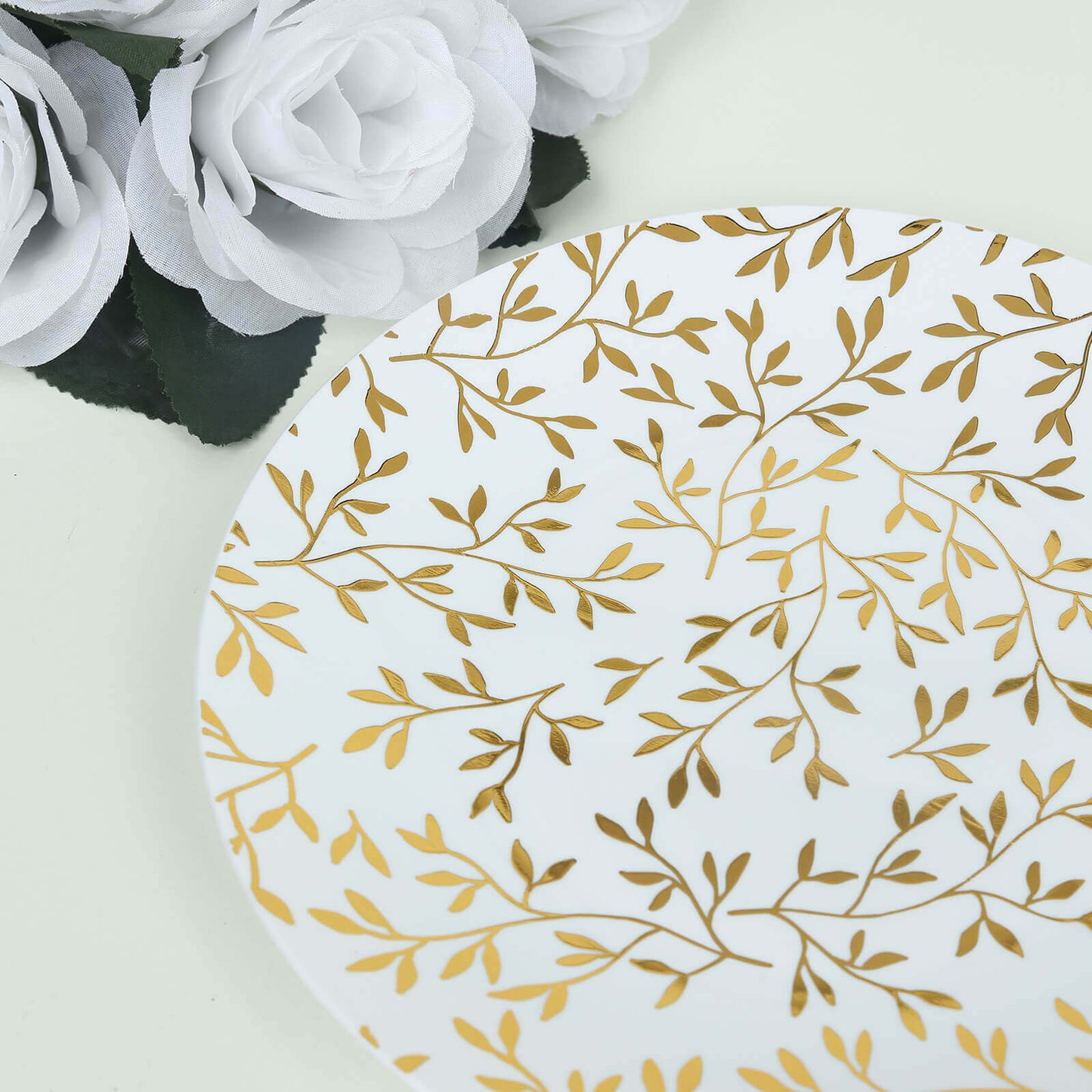10-Pack Plastic 8" Round Salad Dessert Plates in White with Gold Leaf Design - Heavy Duty Disposable Party Plates for Stylish Events & Memorable Gatherings