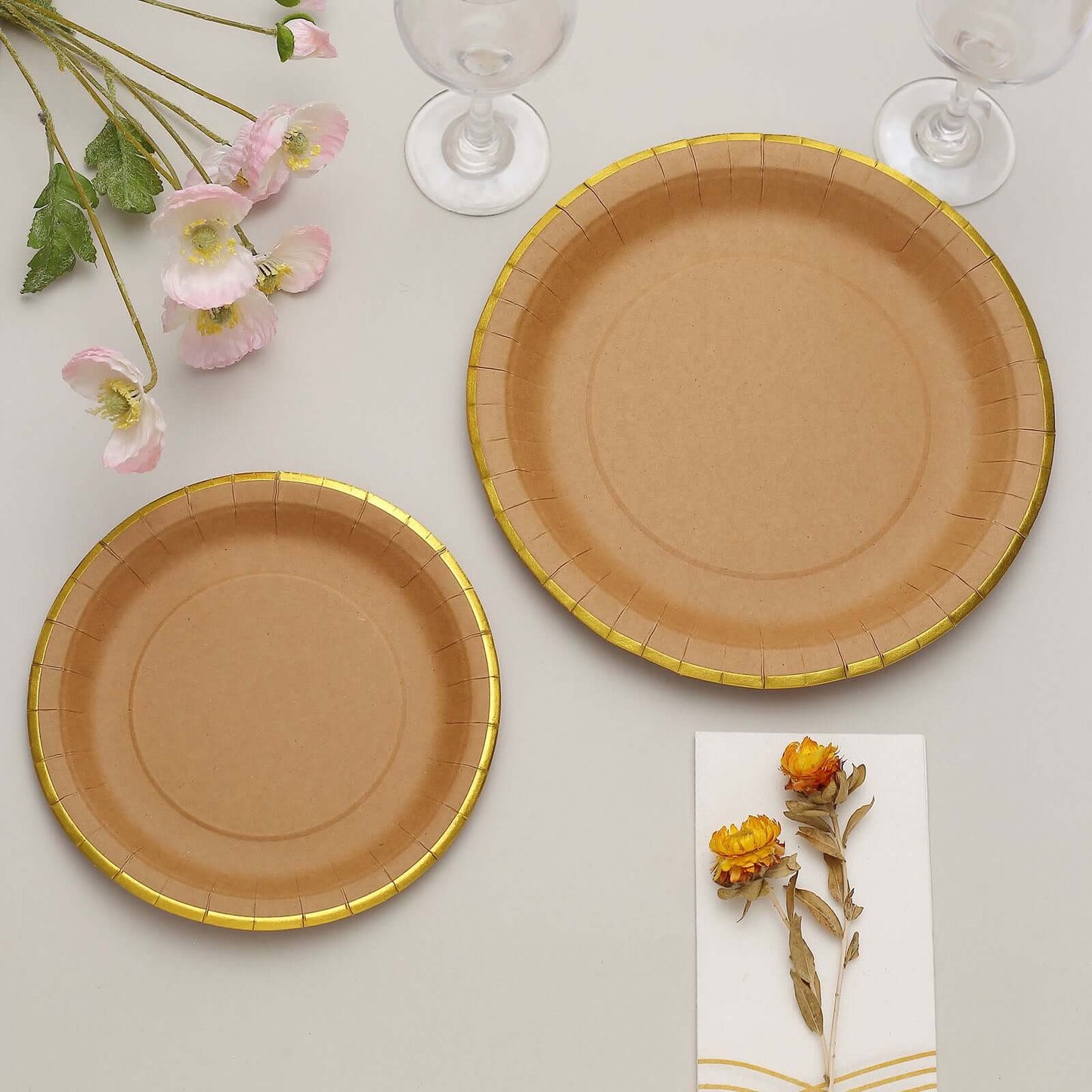 25-Pack Kraft Paper 8" Round Dessert Plates in Natural Brown with Gold Lined Rim - Disposable Salad Appetizer Plates for Rustic & Vintage Inspired Events