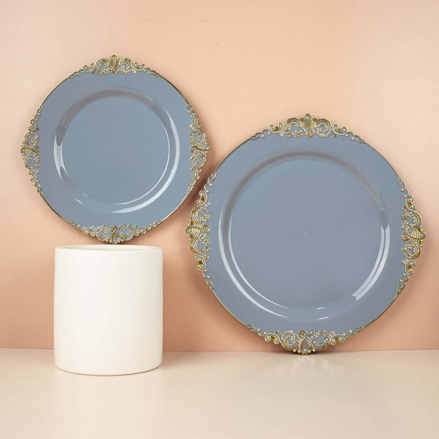 10-Pack Plastic 8" Round Dessert Plates in Dusty Blue with Gold Leaf Embossed Rim - Disposable Vintage Baroque Style Salad Plates