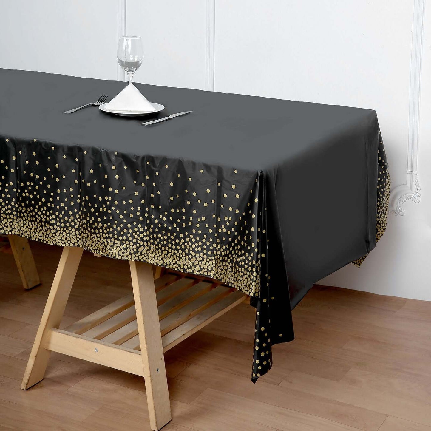 5-Pack Plastic Table Covers Black Rectangle with Gold Confetti Dots - Durable PVC Disposable Tablecloths for Events 54"x108"