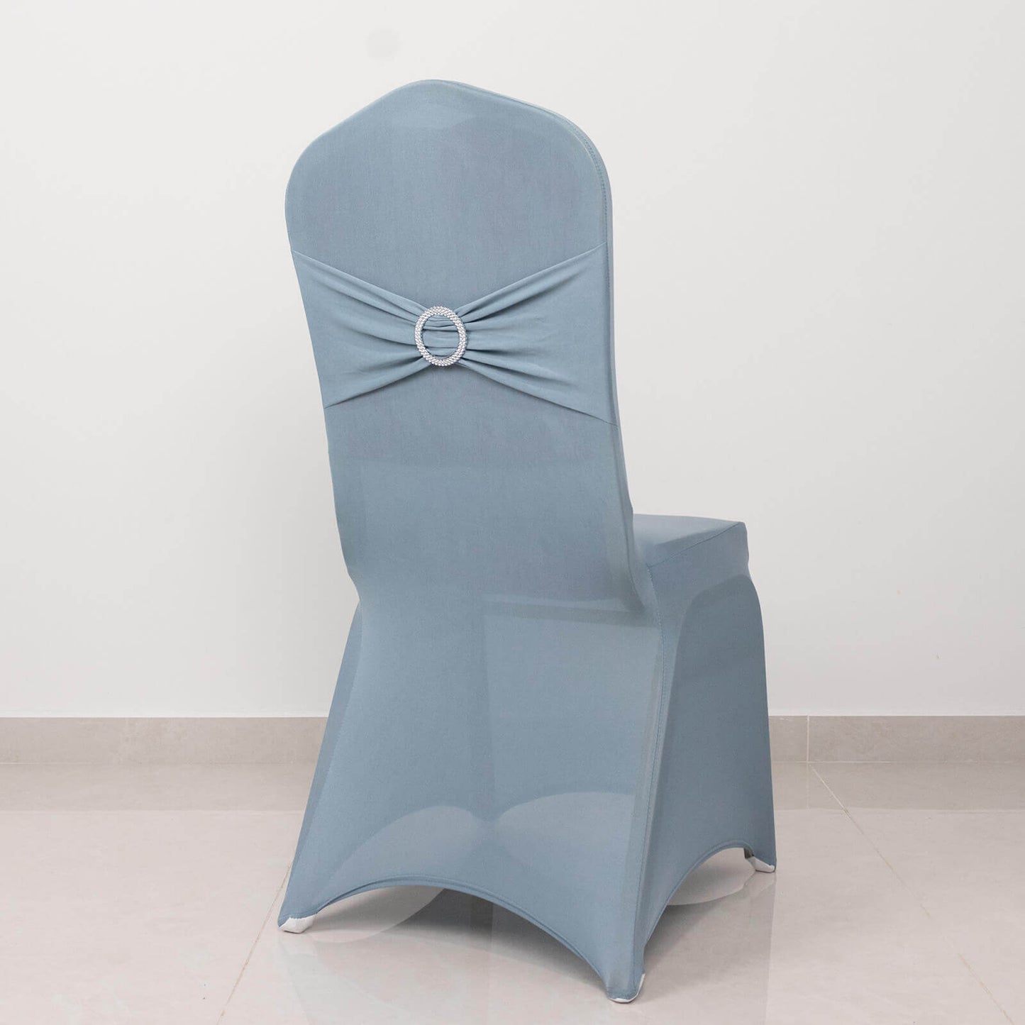Spandex Chair Cover with Silver Rhinestone Buckled Sash Band Dusty Blue - Stretch Fitted Slipcover
