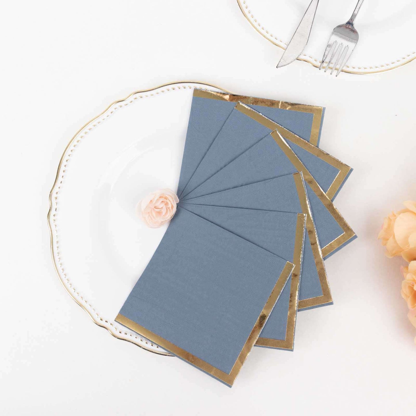 50-Pack Paper Beverage Napkins Dusty Blue with Gold Foil Edge - 2 Ply Disposable Soft 18GSM Cocktail Napkins 5"x5"
