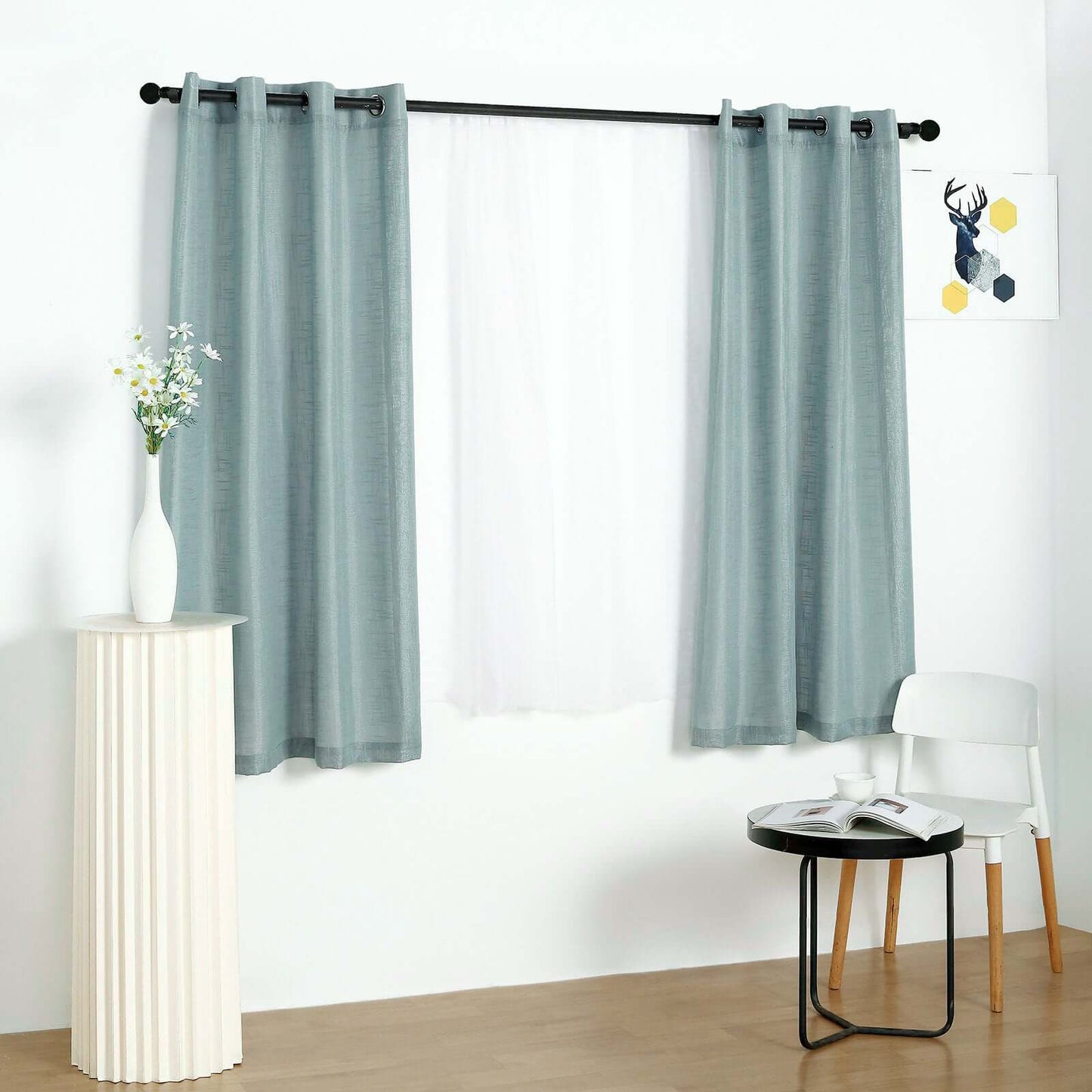 2 Pack Handmade Dusty Blue Faux Linen Curtains 52"x64", Curtain Panels With Chrome Grommets