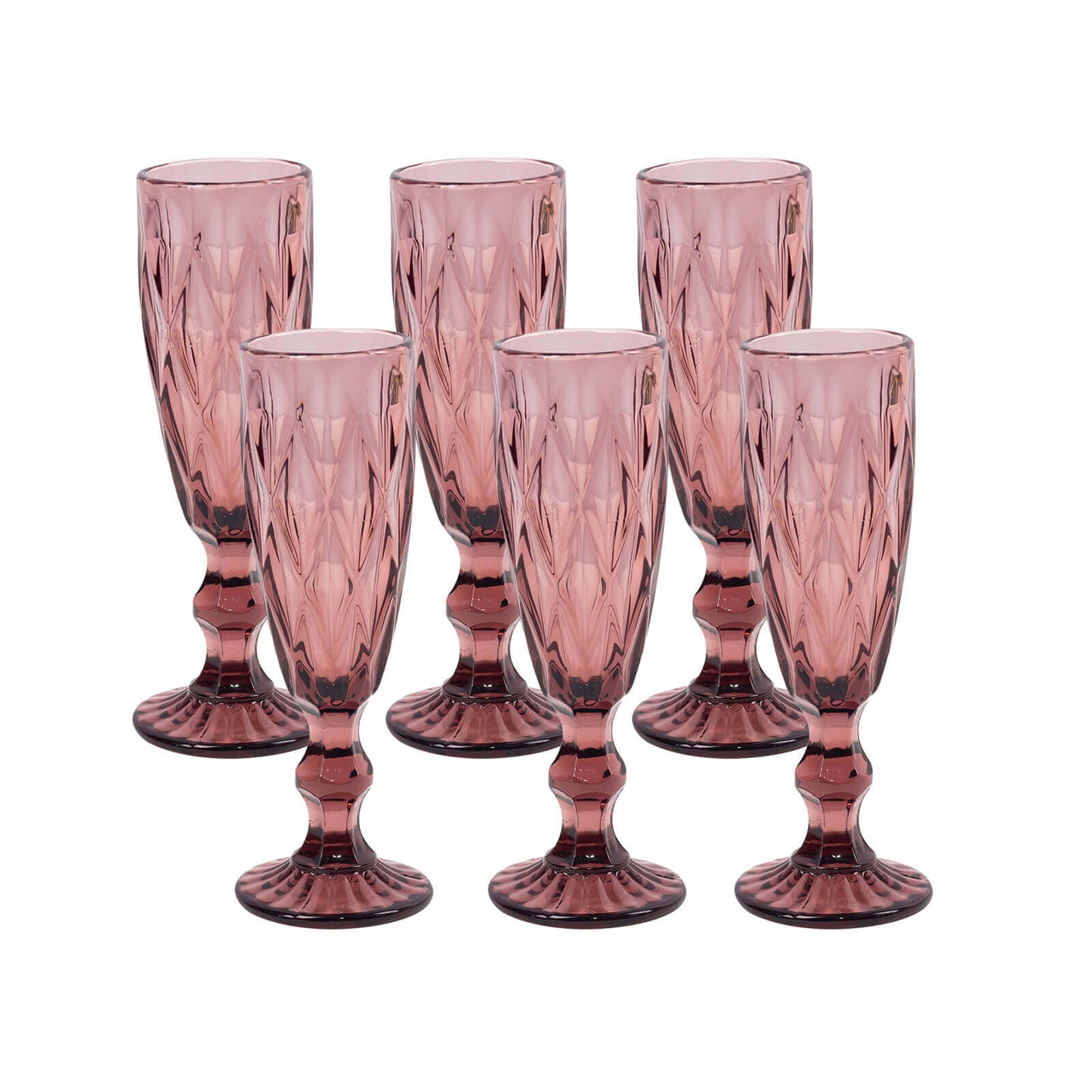 6-Pack Champagne Flute Glasses Transparent Dusty Rose Textured Crystal Cut Design - Chic Wine Goblets for Parties & Events 6oz 8"