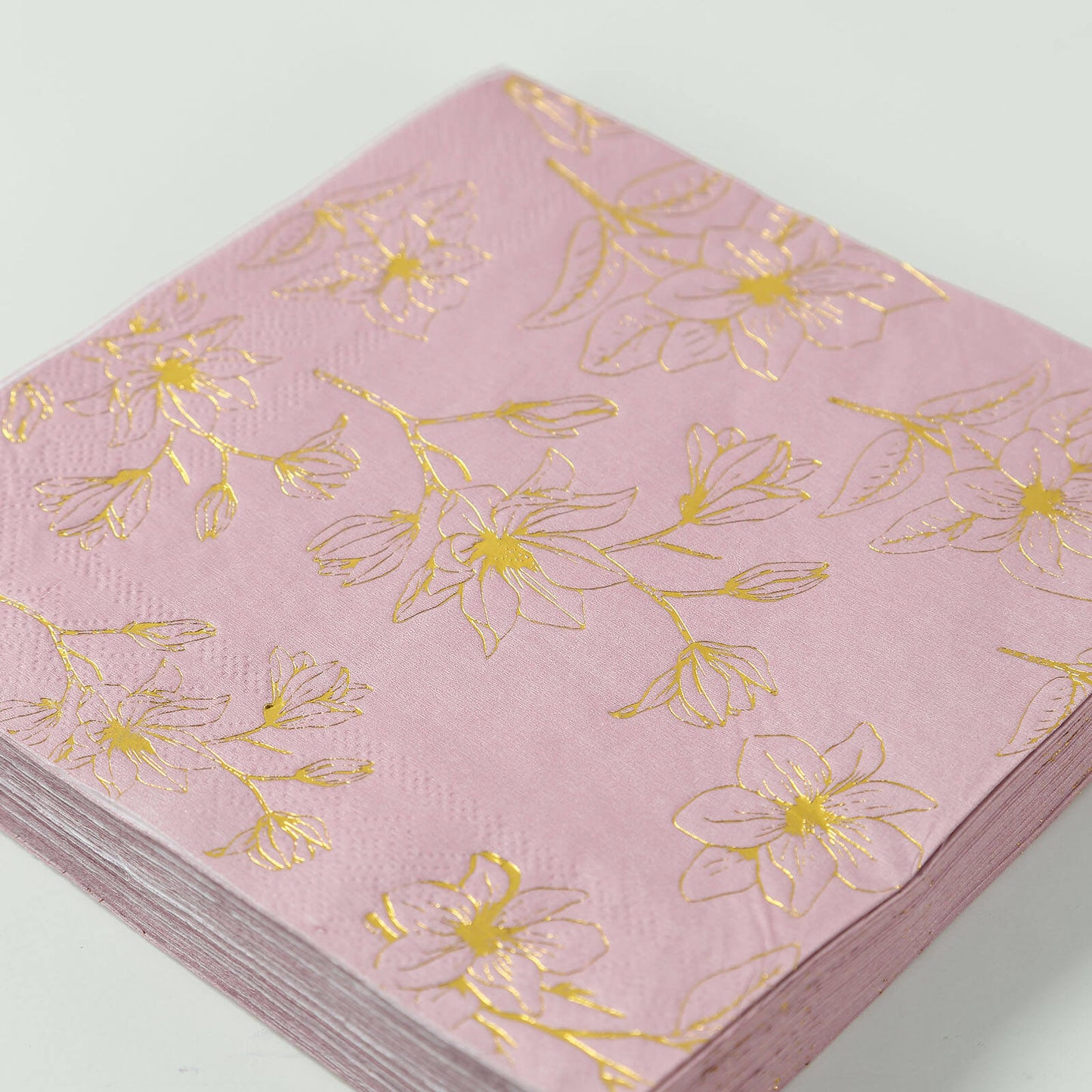 50-Pack Paper Cocktail Napkins with Gold Magnolia Flowers Print Dusty Rose - Highly 2 Ply Absorbent Soft Napkins for Beverages