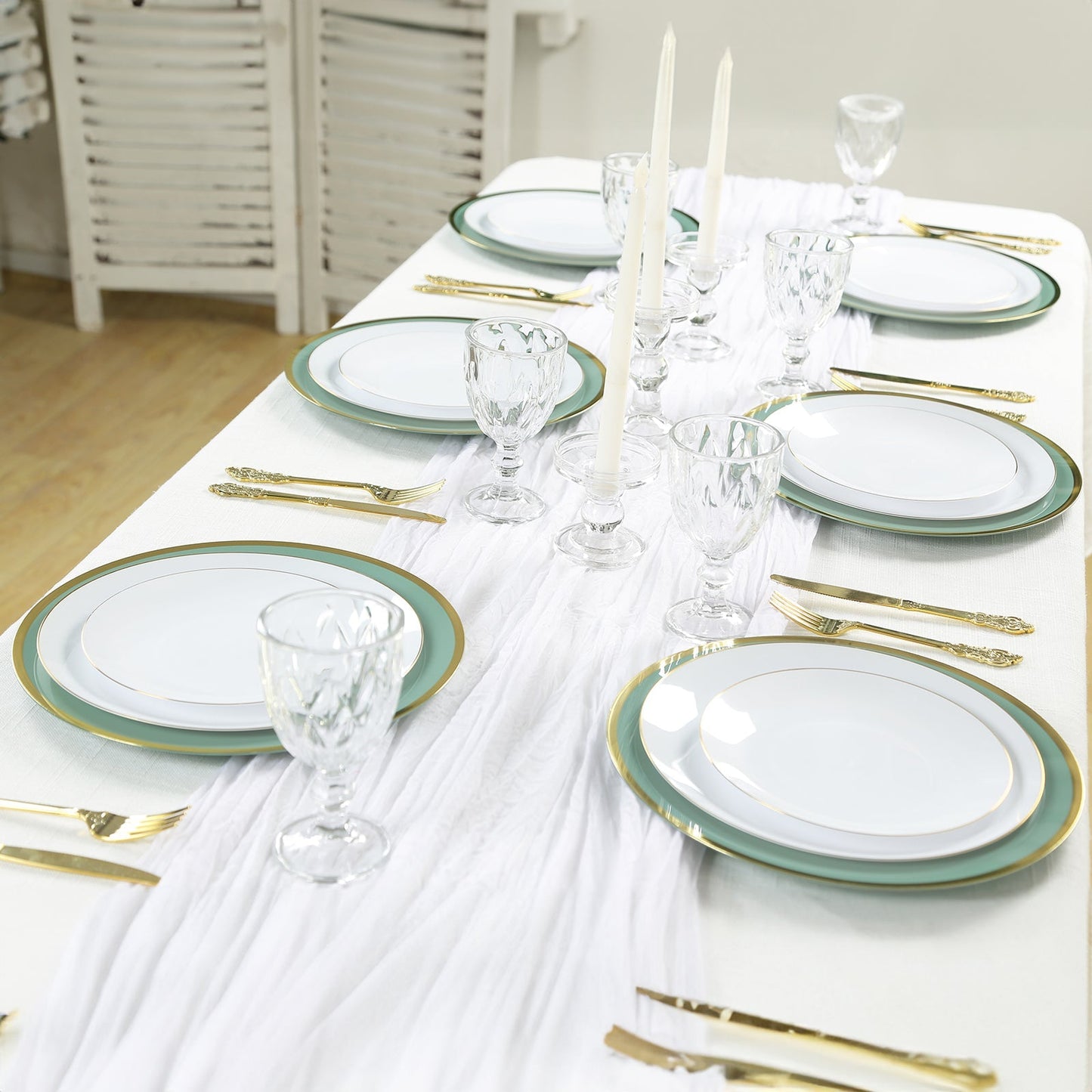 10-Pack Economy Plastic Round Charger Plates 12" in Dusty Sage Green with Wide Gold Rim, Decorative Dinner Party Serving Plates