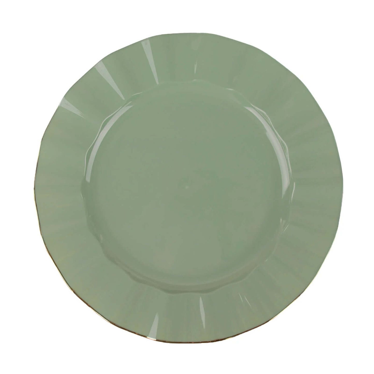 10-Pack Plastic 11" Round Dinner Plates in Dusty Sage Green Ruffled Rim with Gold Edging - Sturdy Disposable Dinnerware