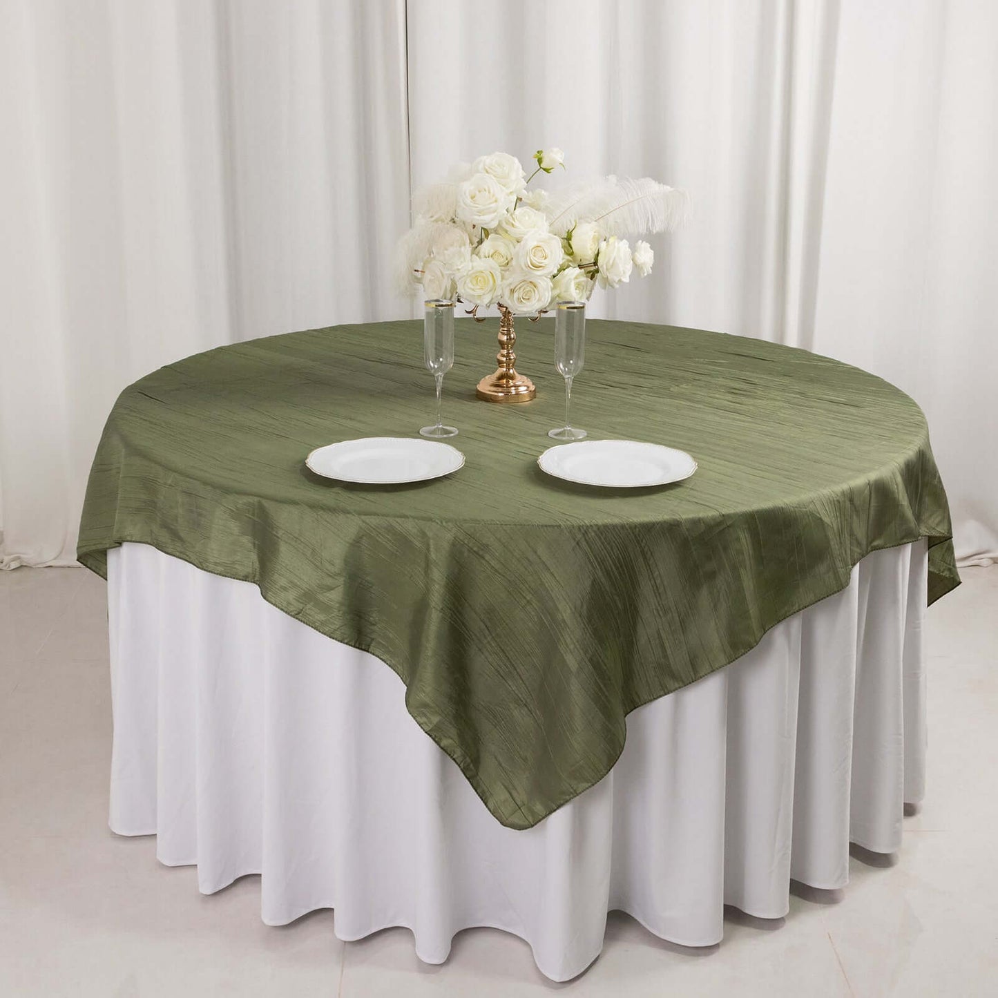 Taffeta 72"x72" Table Overlay Square Tablecloth Dusty Sage Green - Accordion Crinkle Table Cover