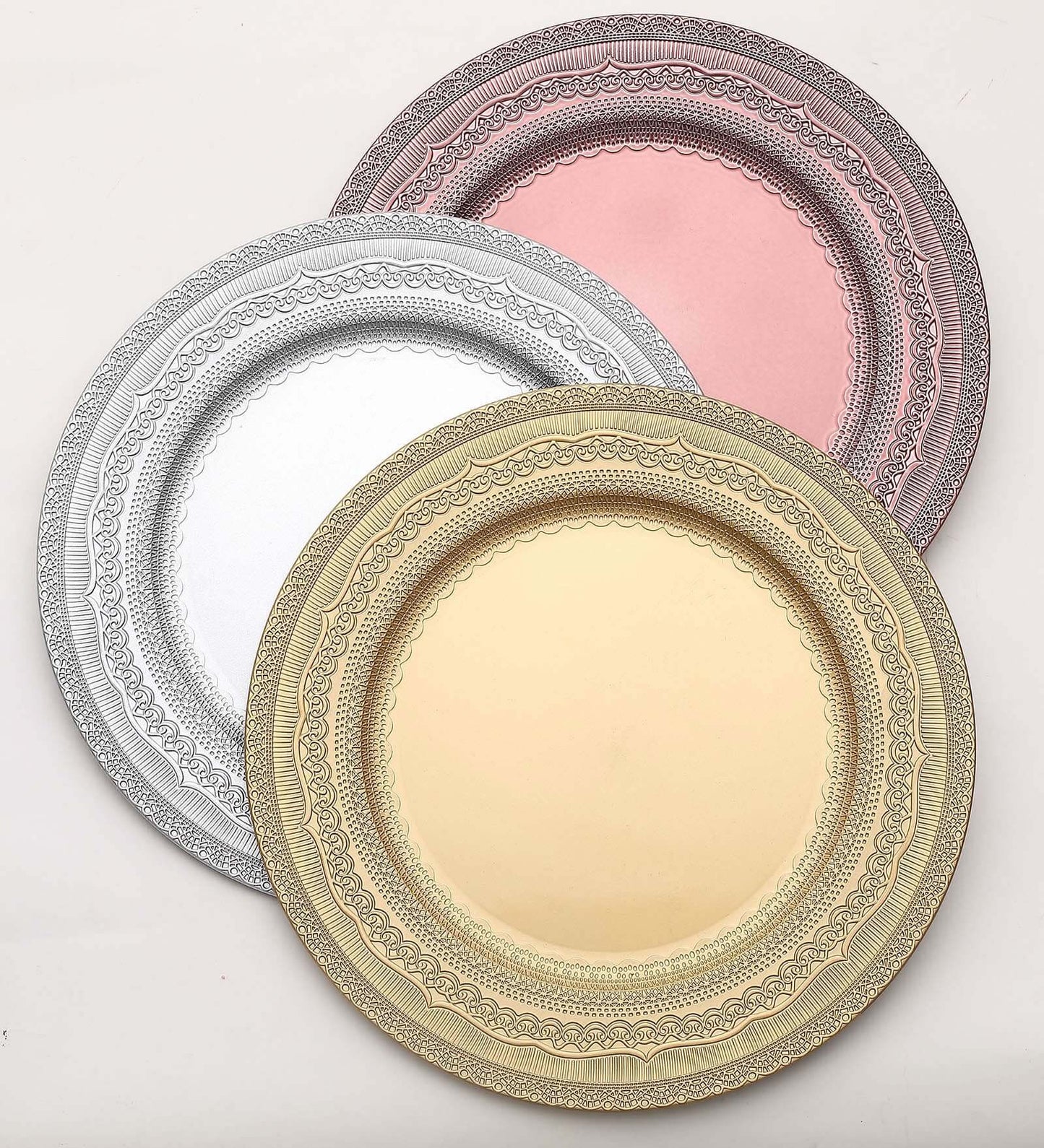 6-Pack Acrylic Round Charger Plates 13" in Gold with Lace Embossed Rim, Rustic Plastic Decorative Charger Tableware