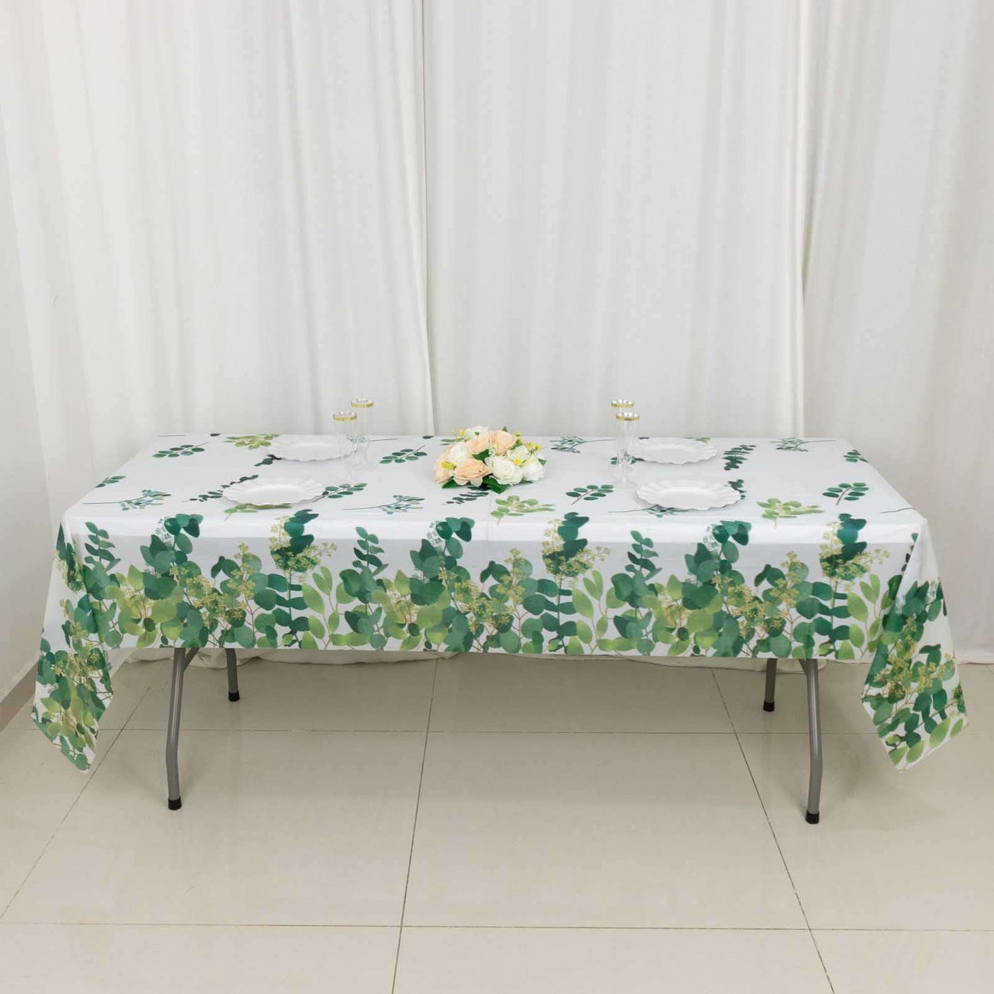 5-Pack Plastic Table Covers White/Green Rectangle with Eucalyptus Leaves Print - Decorative PVC Disposable Tablecloths 54"x108"