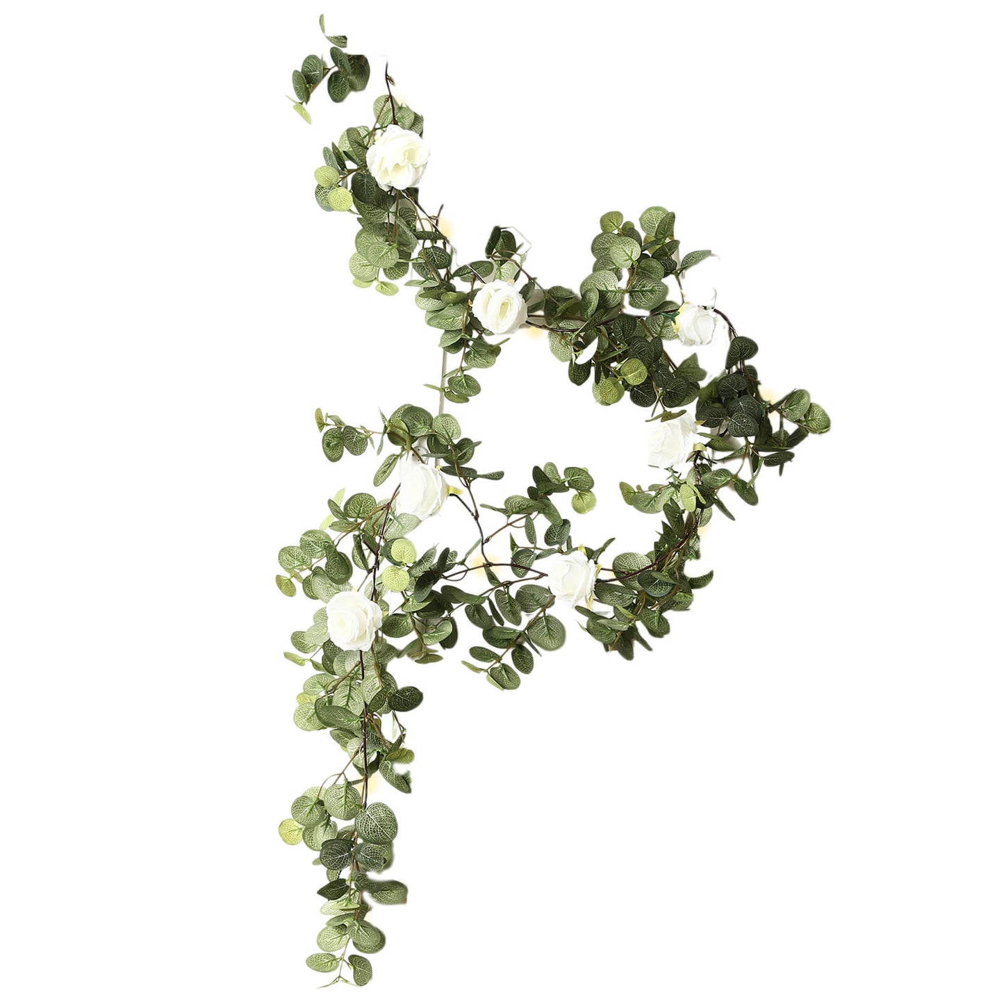 6ft Lighted Eucalyptus Garland with Ivory Roses & Battery-Operated Fairy Lights â€“ Faux Greenery Vine
