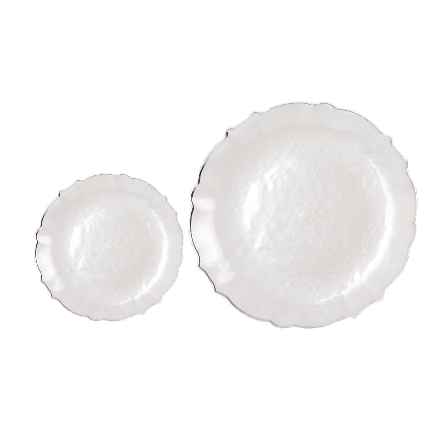 10-Pack Plastic 7" Round Dessert Appetizer Plates in Pearl White Sunflower with Silver Scalloped Rim - Disposable Salad Plates for Classy Events & Banquets