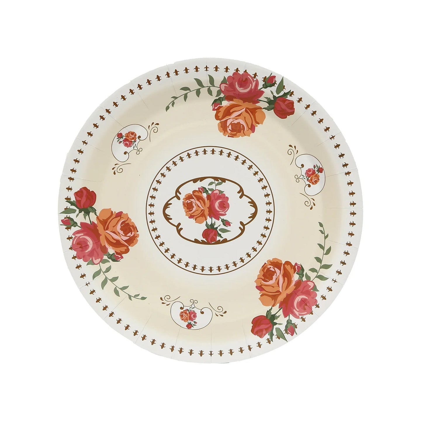 25-Pack Paper 9" Round Dinner Plates in Ivory with Vintage Rose Flower Print - Disposable Plates for High Tea Gatherings & Romantic Celebrations