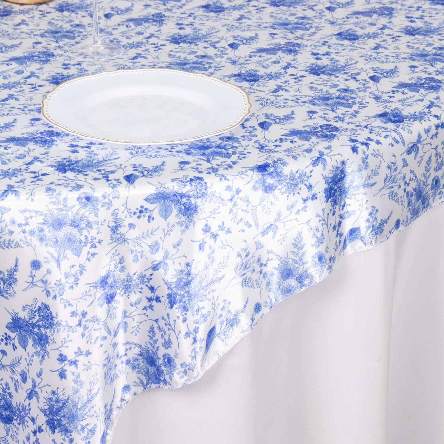 Satin 72"x72" Table Overlay Square Tablecloth White Blue - French Toile Floral Design for Stylish Celebrations
