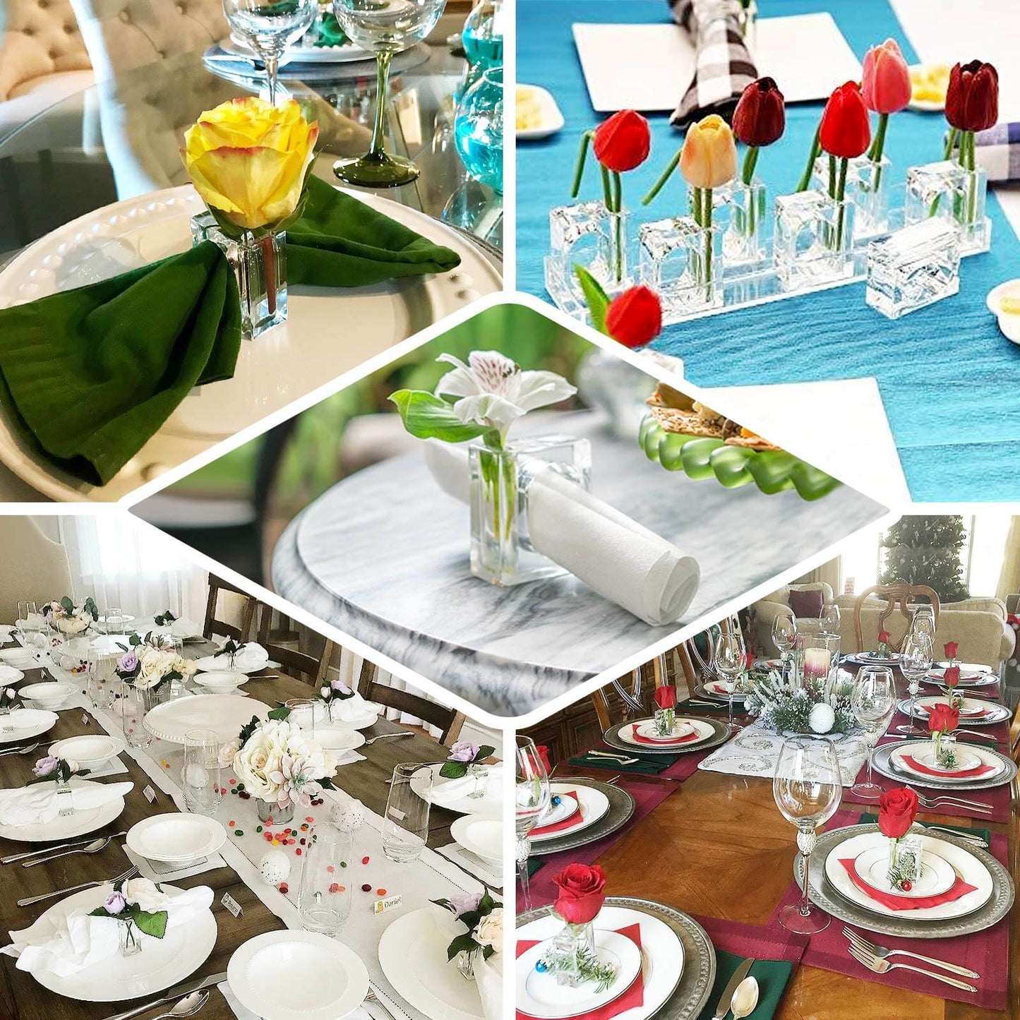 4-Pack Acrylic Napkin Rings 2-in-1 Square Mini Bud Vase Clear - Decorative Flower Napkin Holders for Table Settings