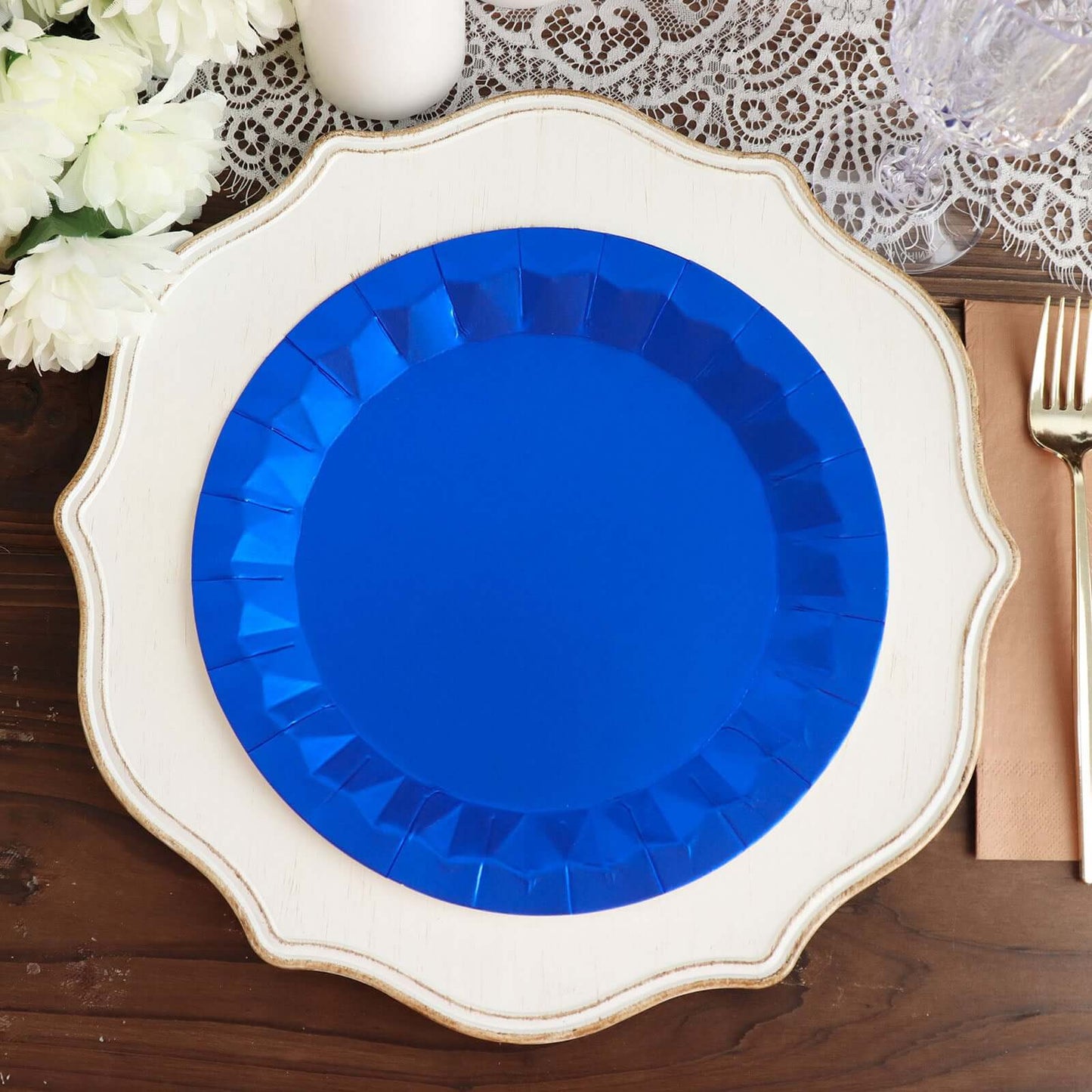 25-Pack Paper 9" Round Dinner Plates in Royal Blue with Geometric Prism Rim - Disposable 400GSM Party Plates