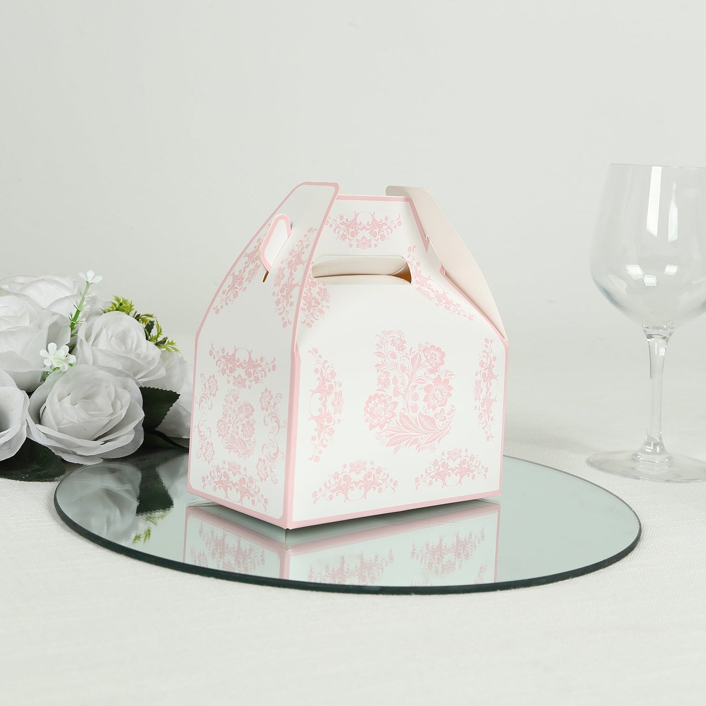 25 Pack White Pink Candy Gift Tote Gable Boxes in Damask Floral Pattern, Party Favor Treat Boxes - 6"x3.5"x7"