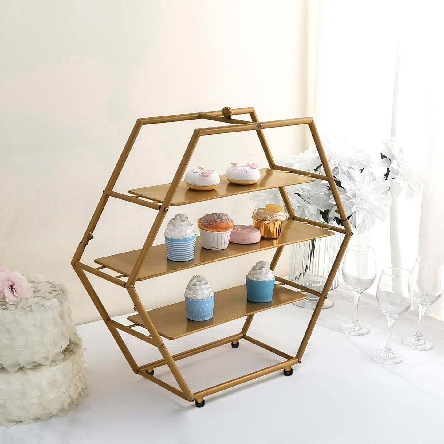 3-Tier Metal Hexagon Cupcake Stand Matte Gold - Stylish Geometric Dessert Holder Appetizer Display for Modern Weddings Dessert Buffets & Celebrations 21"