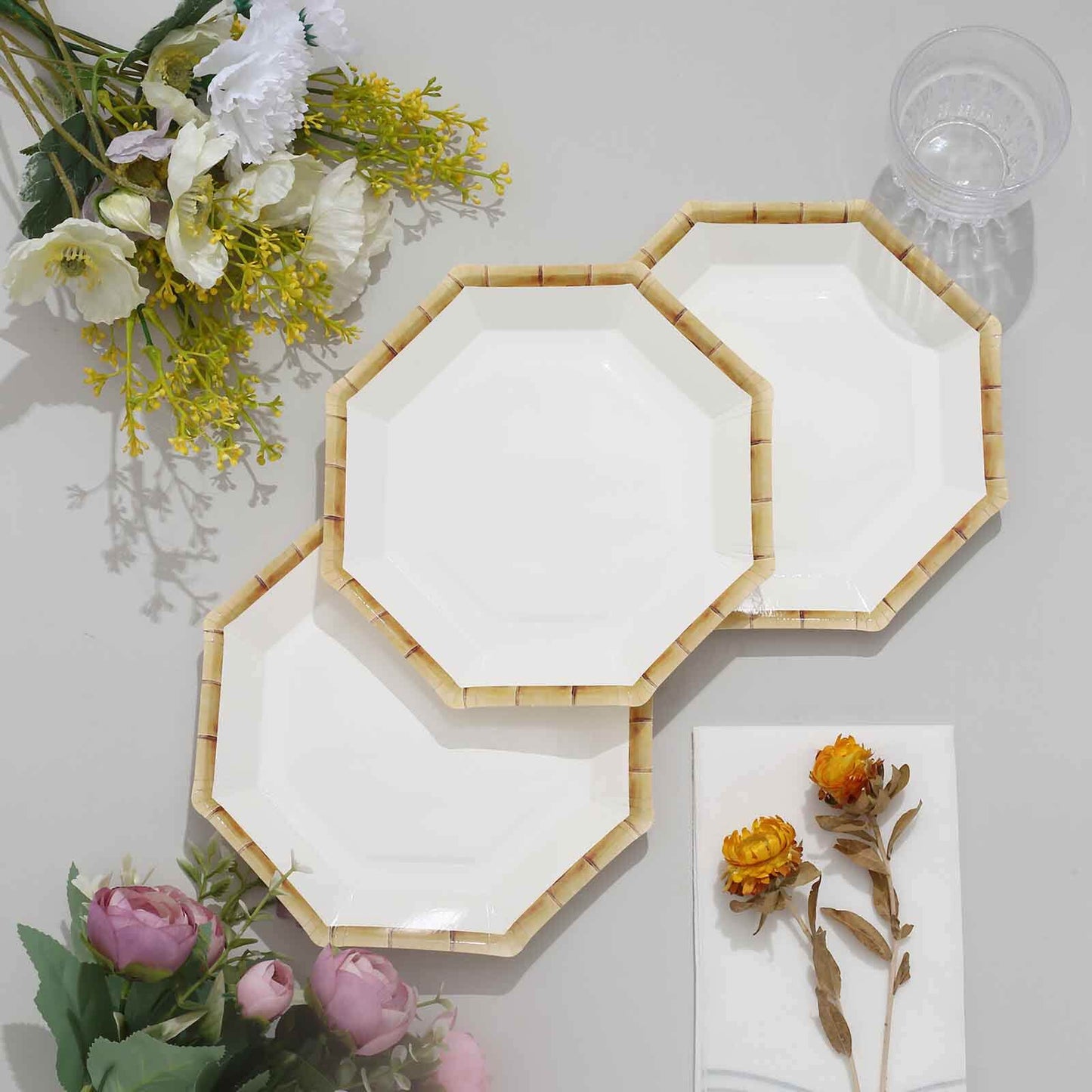 25-Pack Paper Octagonal Dessert Plates 7" White with Bamboo Print Rim - Disposable Geometric Appetizer Salad Plates for Garden Parties & Tropical Themed Events