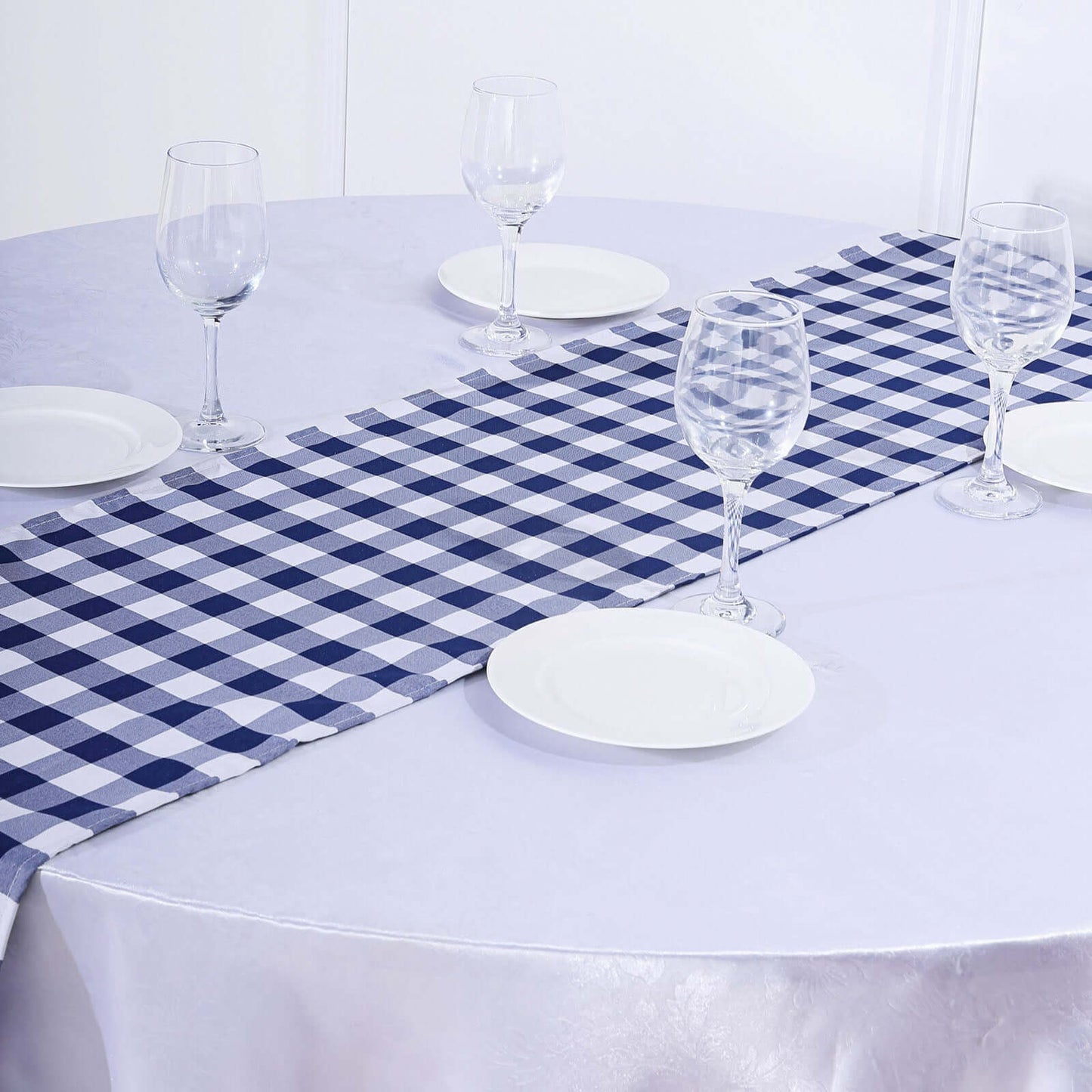 Polyester 14"x108" Table Runner Navy Blue/White - Gingham Plaid Design