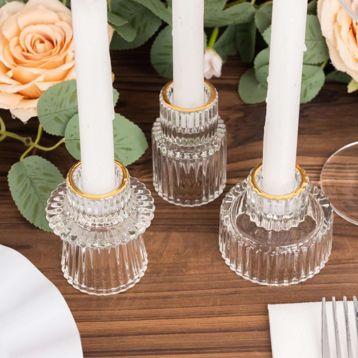 Set of 6 Glass Taper Candle Holders Ribbed Crystal Design with Gold Rim Clear - Reversible Mini Votive Tealight Stands 3"