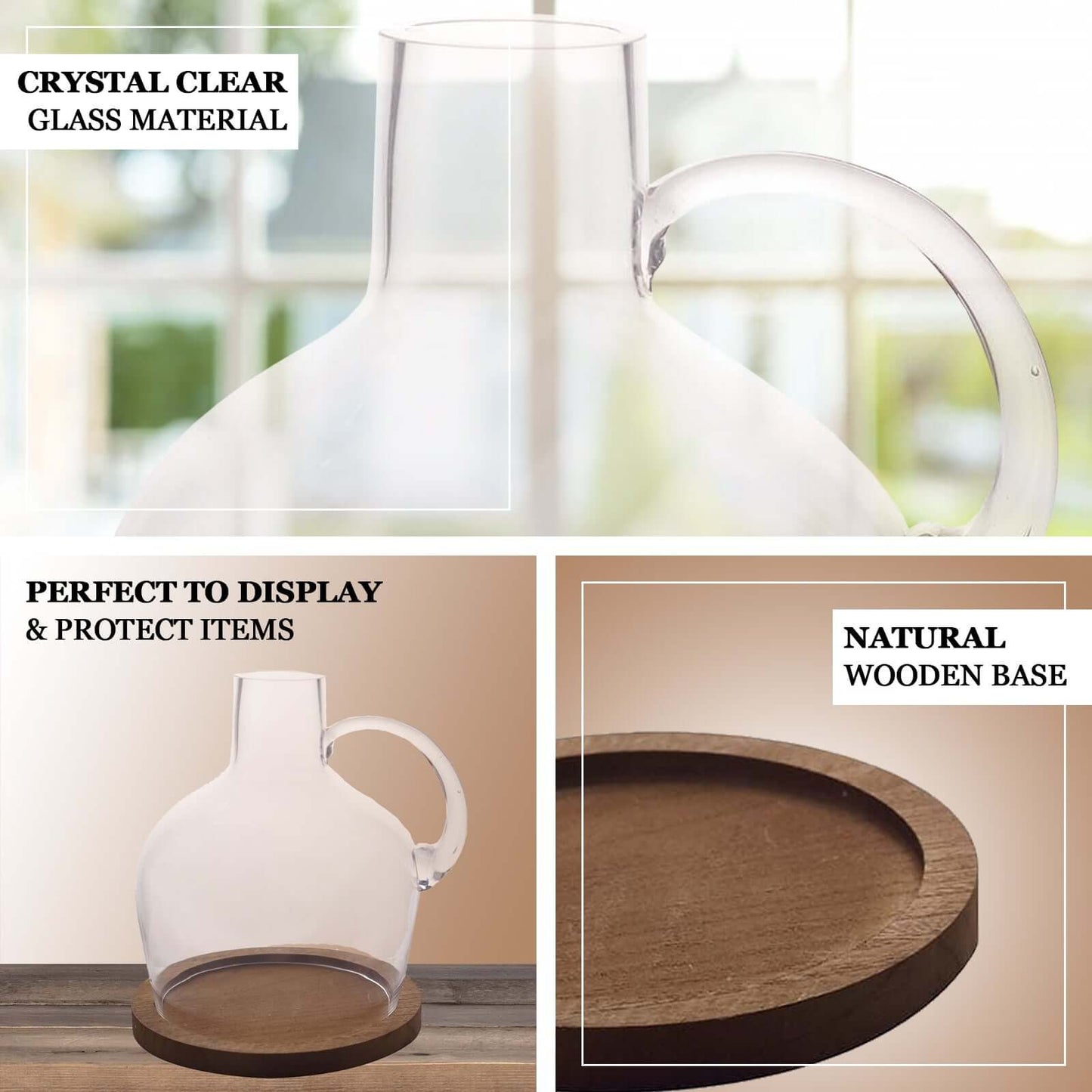 Glass Candle Holder Cloche Jar Dome Clear with Wooden Base - Stylish Centerpiece for Floral Displays 10"