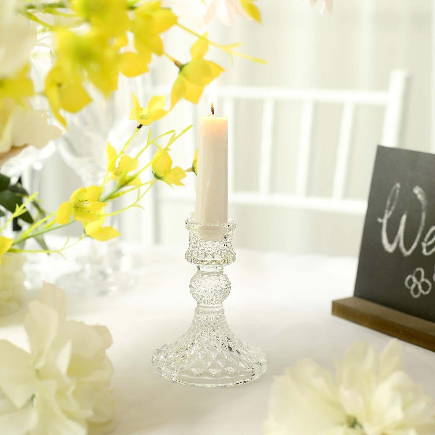 6-Pack Glass Taper Candlestick Holders Diamond Pattern Design Clear - Reversible Crystal Pillar Votive Stands 4"