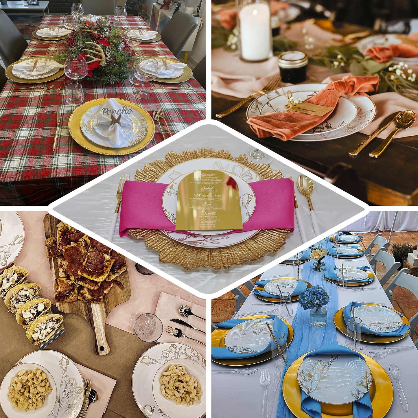 Set of 20 Plastic Round Dinner and Dessert Plates in Clear with Metallic Gold Floral Design - Stylish Disposable Dinnerware 8", 10"