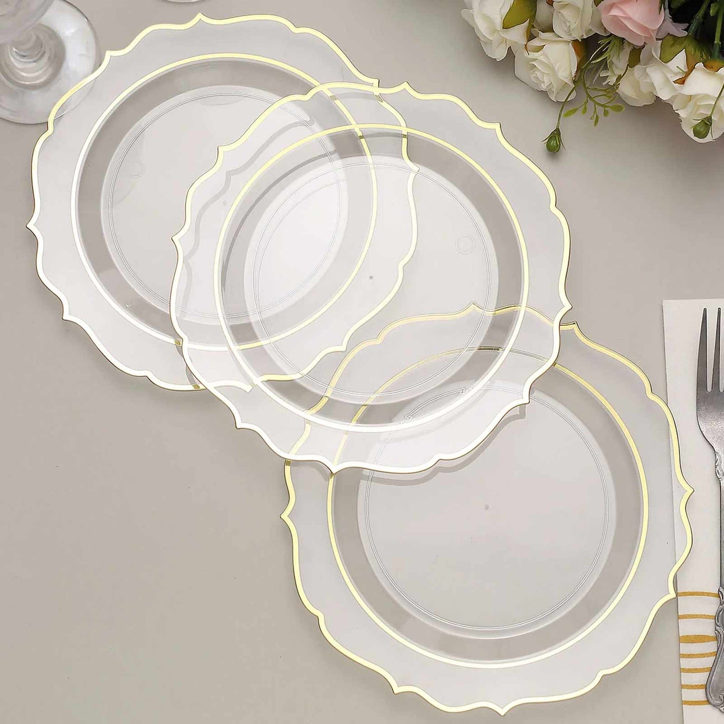 10-Pack Plastic 8" Round Dessert Plates in Clear with Gold Scalloped Rim - Disposable Appetizer/Salad Plates