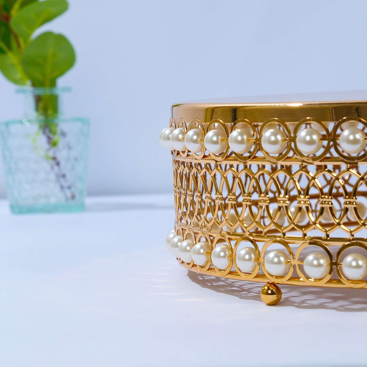 Set of 3 Cake Stands Round Design with Mirror Top Gold - Pearl Beaded Stackable Cupcake Holders Metal 12", 14", 16"