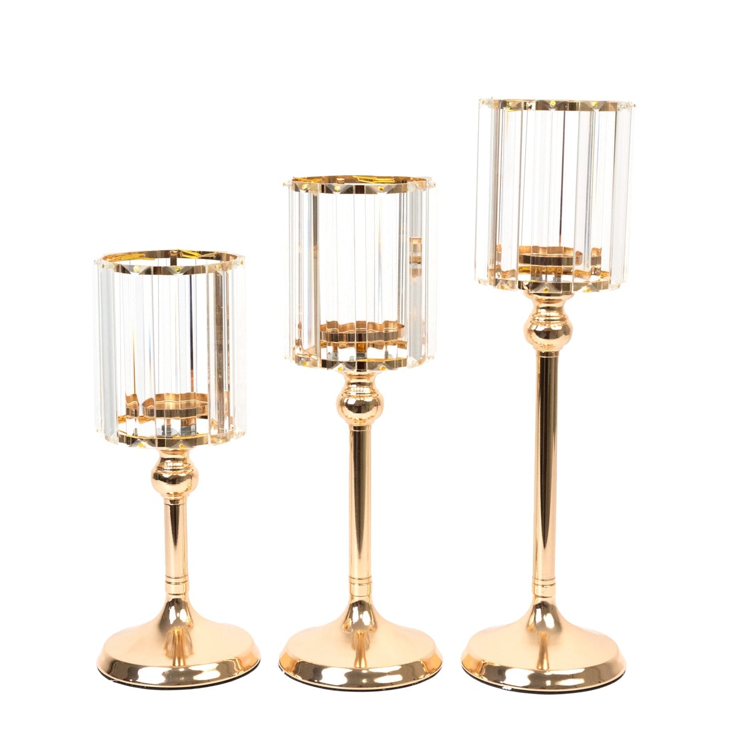 Set of 3 Gold Crystal Pendant Hurricane Candle Holders, Elegant Cylindrical Design for Pillar Candles, Decorative Table Centerpieces - 11",13",15"